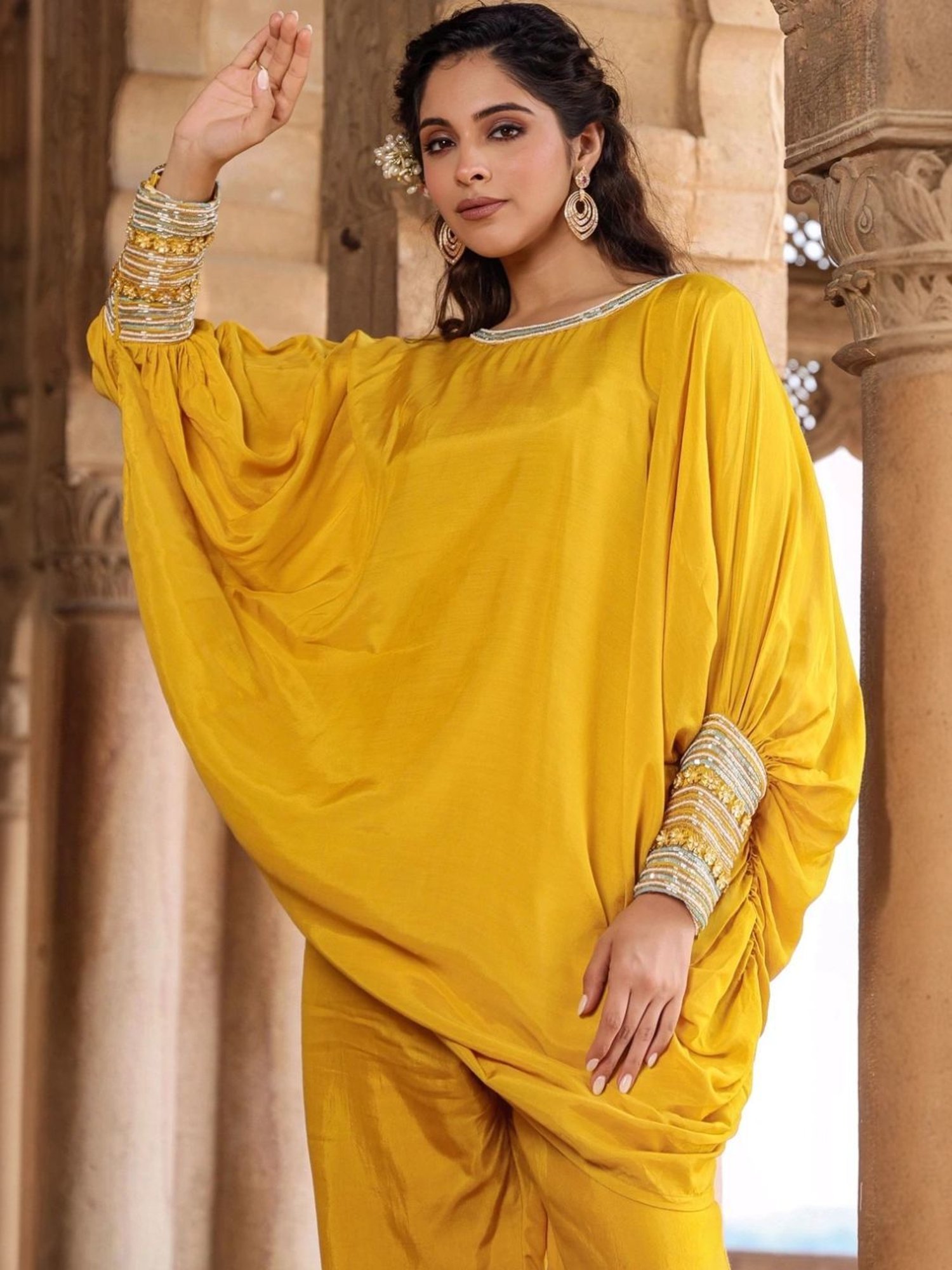 Scakhi Yellow Muslin Silk Poncho Co-Ord Set With Pant And Camisole