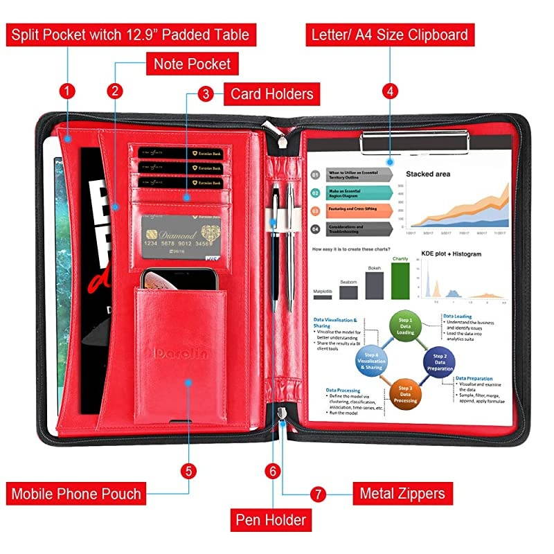 Zippered Leather Padfolio Portfolio with [Hidden Handle] and [Clipboard], Business Conference Portfolio Organizer Notepad Folder, Portfolio Bag, Portfolio Padfolio for Women/Men (Black)