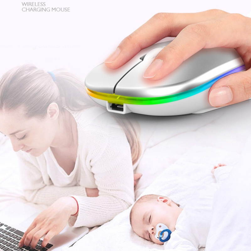 LED Wireless Mouse Slim Rechargeable Wireless Silent Mouse, 2.4G Portable USB Optical Wireless Computer Mice with USB Receiver and Type C Adapter