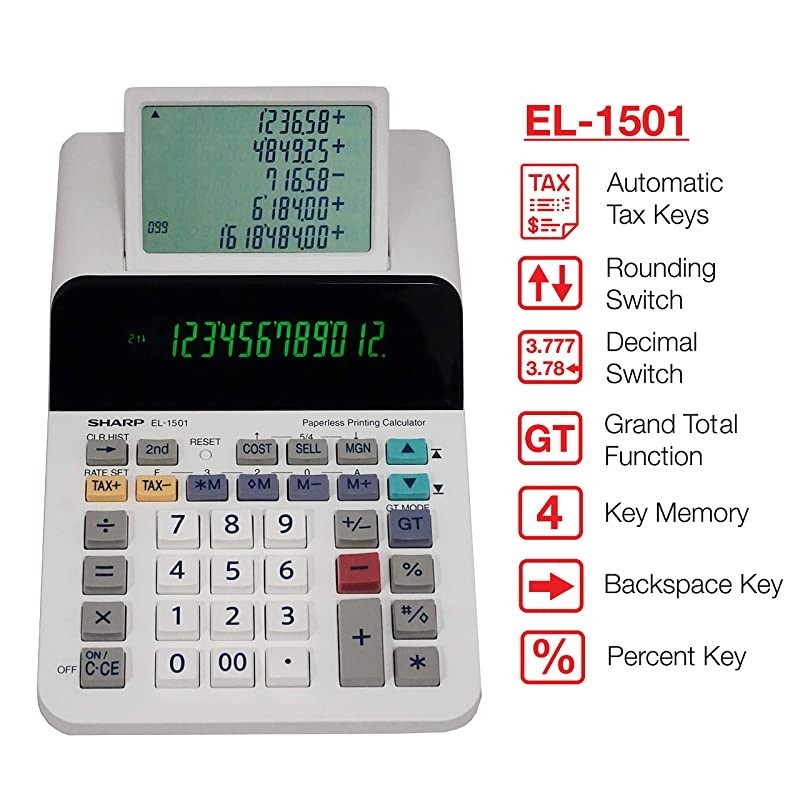 El-1501 Compact Cordless Paperless Large 12-Digit Display Desktop Printing Calculator That Utilizes Printing Calculator Logic
