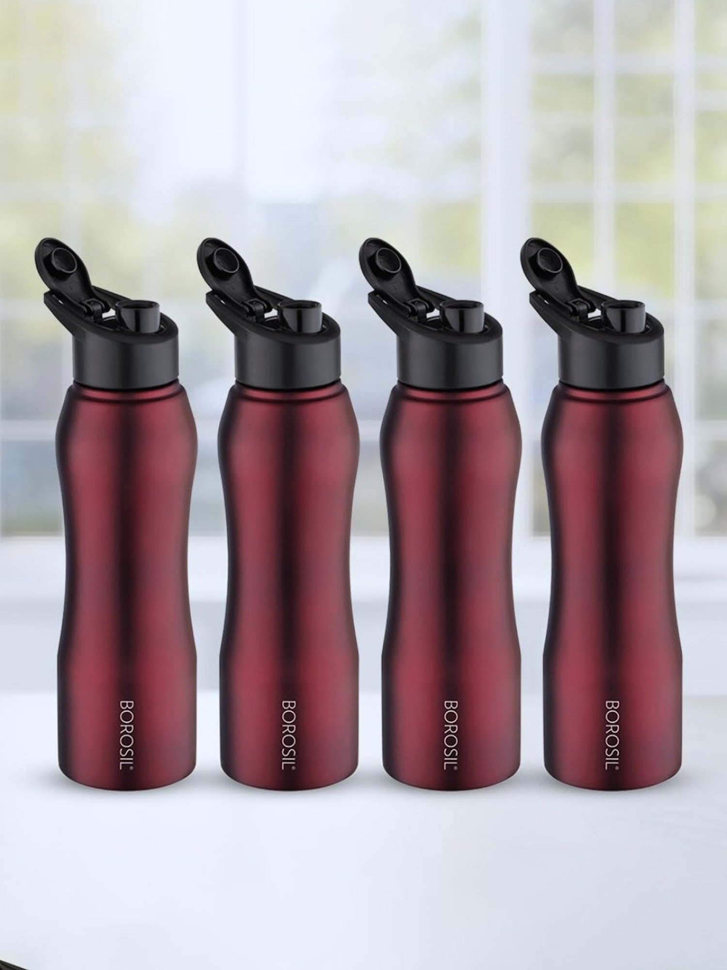 Borosil Water Bottle with Single Wall & Leakproof Set of 4 (Maroon, 1000 ml)