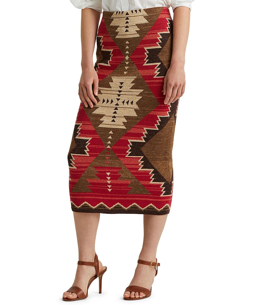 Lauren Ralph Lauren Petite Size Southwestern Print Cotton Blend Midi Skirt