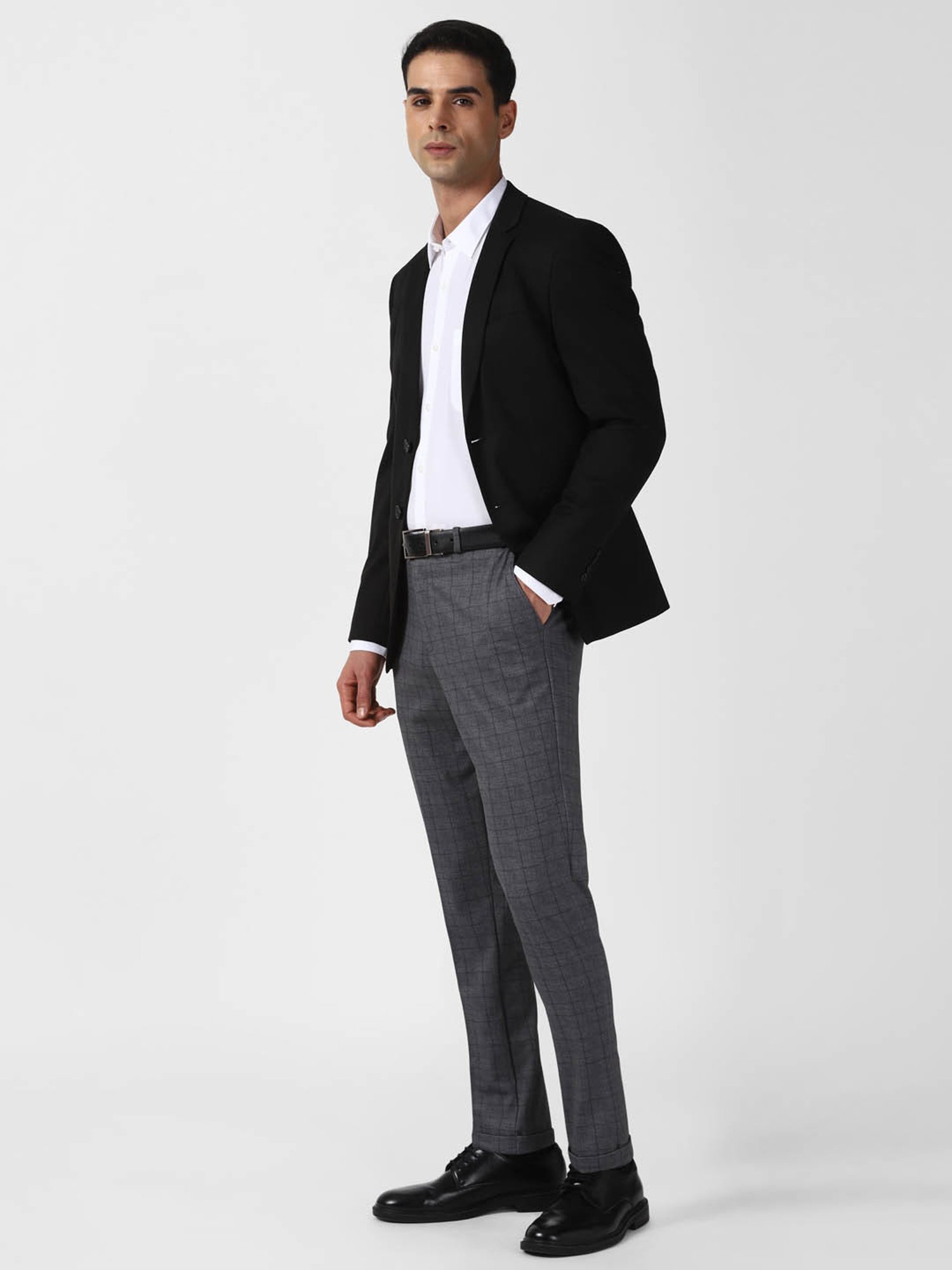 Van Heusen Warm Grey Regular Fit Checks Trousers