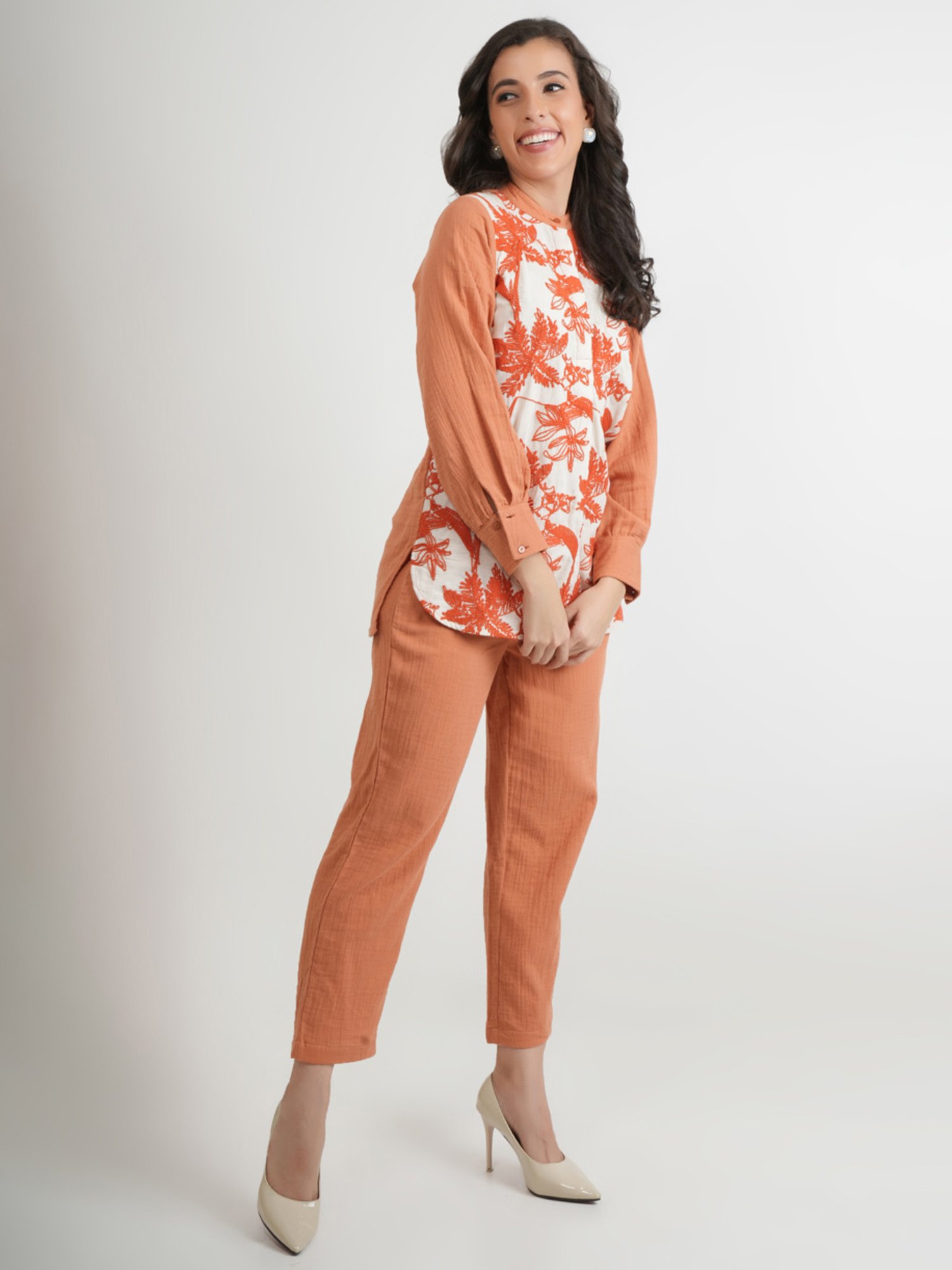 Zolo Label Brown Embroidered Top Pant Set