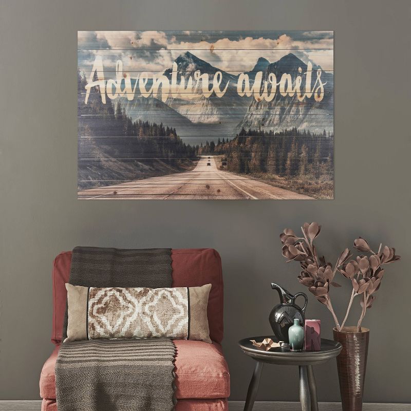 24" x 36" Adventure Awaits Mountains Print on Planked Wood Wall Sign Panel - Gallery 57