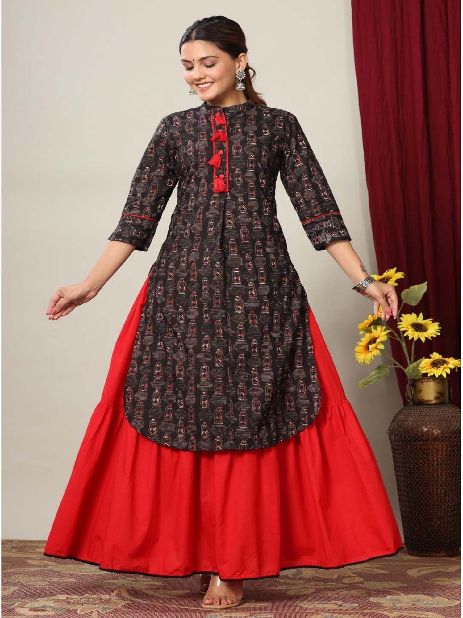 Miravan Black & Red Cotton Printed Kurta Palazzo Set