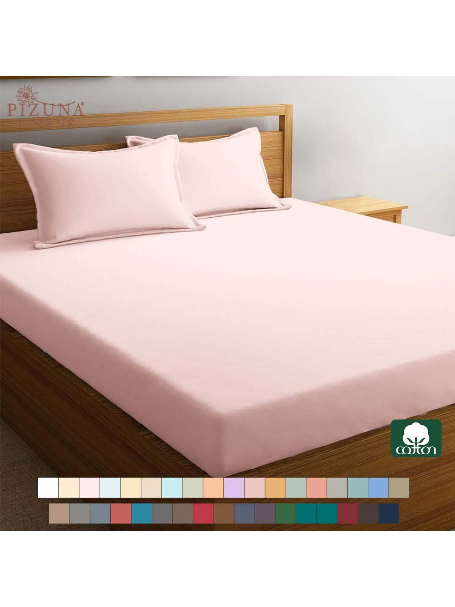 Pizuna 400TC 100% Cotton Light Pink Fitted Bed Sheet King Size With 2 Pillow Cover