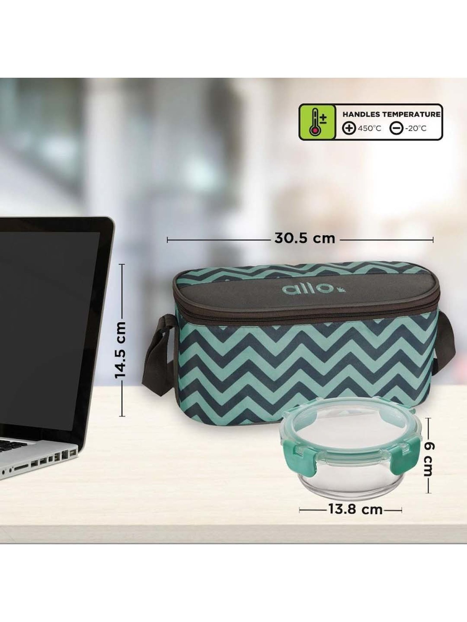 Allo Borosilicate Glass Lunch Box Microwave Safe With Detachable Lock and Chevron Mint Tiffin Bag