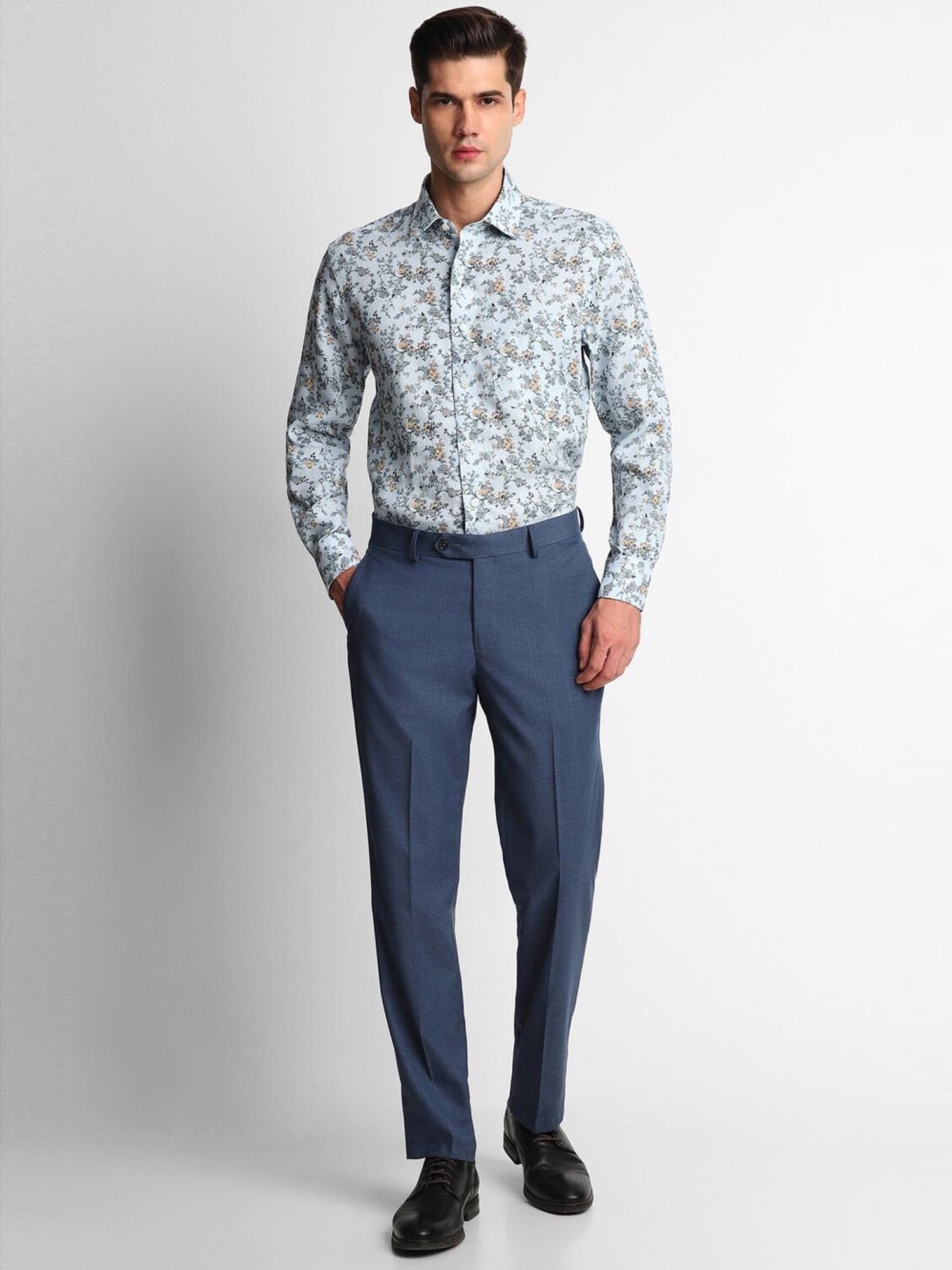 Luxure By Louis Philippe Blue Linen Regular Fit Printed Shirt