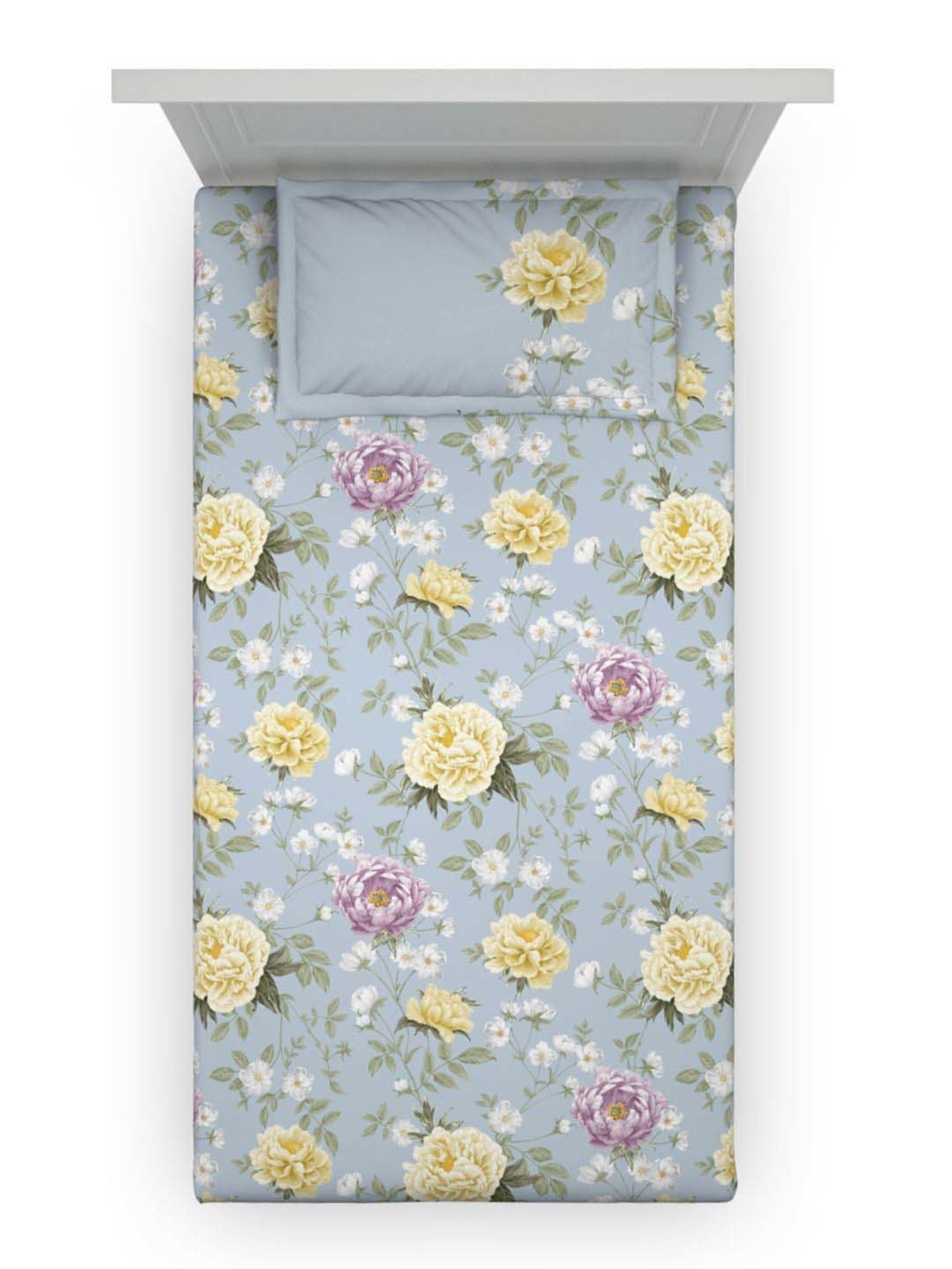 DDecor Floral Blue 140 TC Cotton Single Bedsheet with 1 Pillow Cover