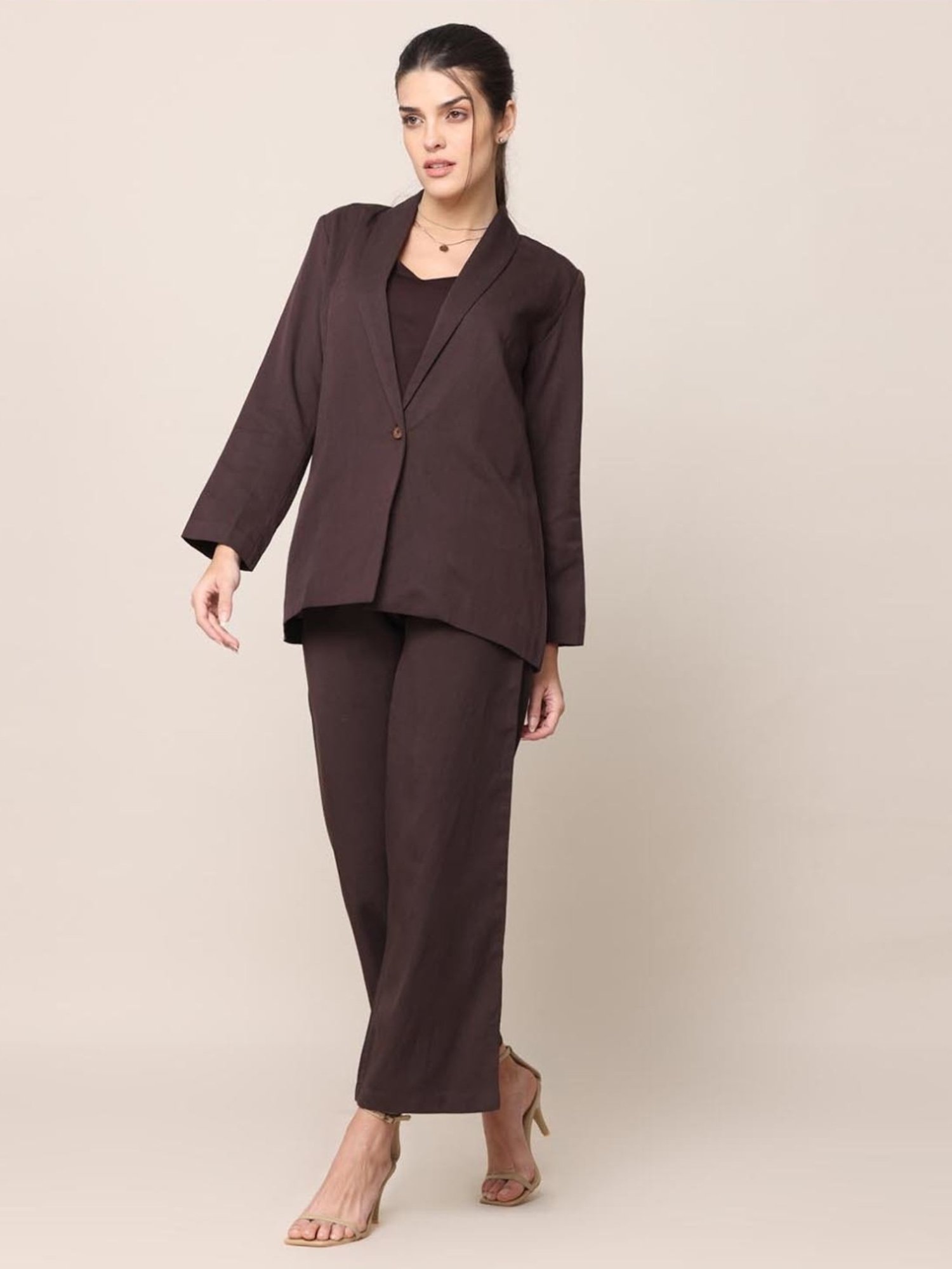 Saltpetre Classic Tencel All Season Coffee Blazer with Top & Trousers 3 piece Co-ord Set