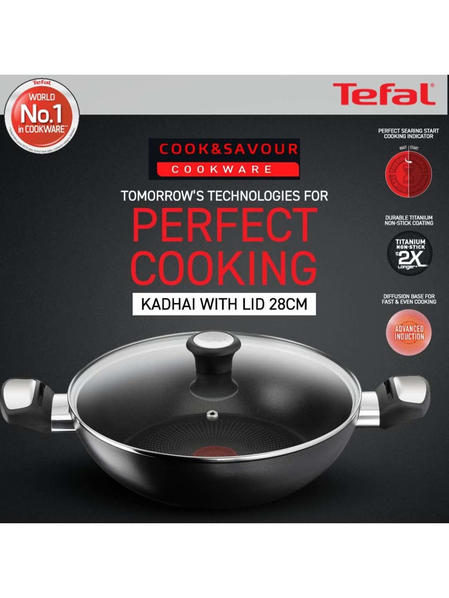 Tefal Cook and Savour Black Aluminium 28 cm Non-Stick Kadhai With Lid (1 L)