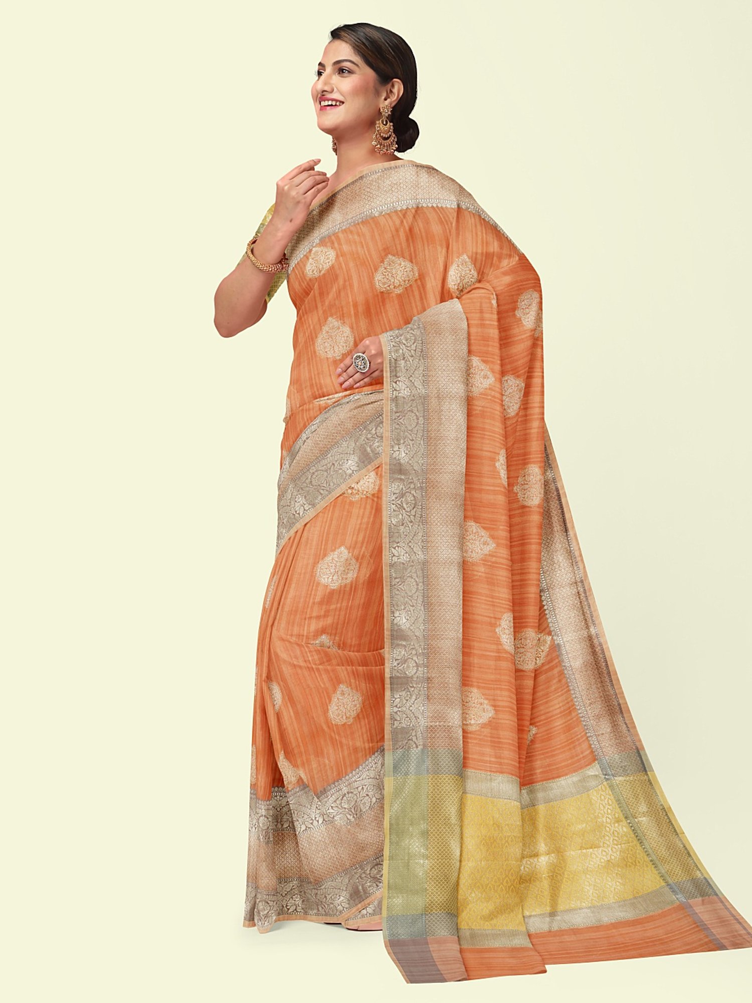 Banarasi Silk Works Peach Woven Saree With Unstitched Blouse
