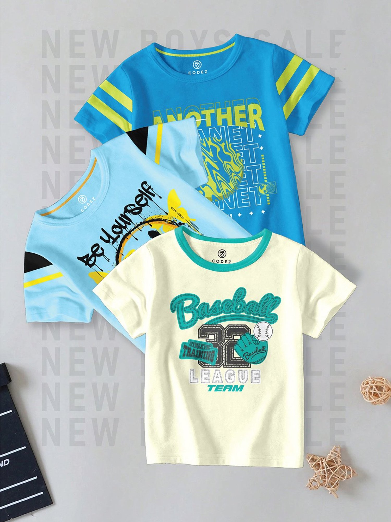 Codez Boys Blue & Cream Printed T-Shirt (Pack Of 3)