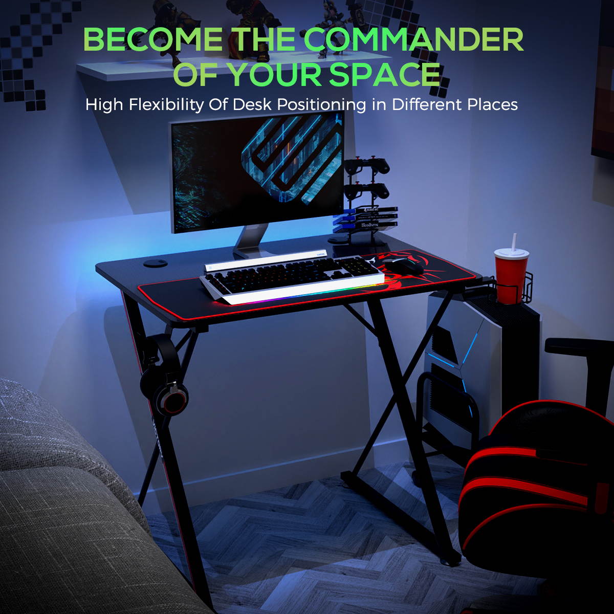 Eureka Gaming&reg; Captain X Series 31'' E-sport Desk, Home Office Gaming Computer Desk, X Shaped Gamer Workstation with Free Controller Stand, Cup Holder, Headphone Hook & Mousepad, Black