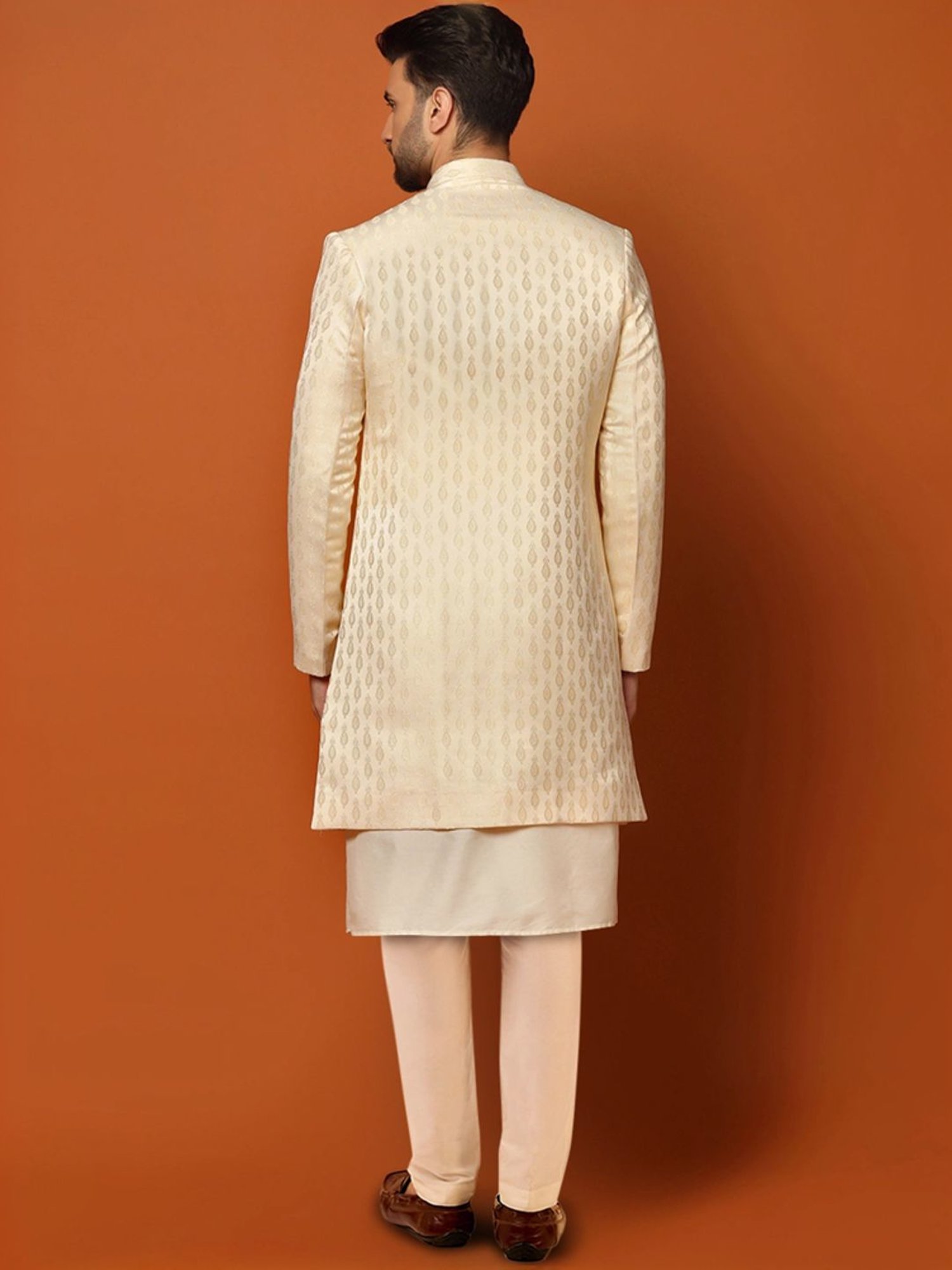 Kisah Beige Regular Fit Jacquard Sherwani Set