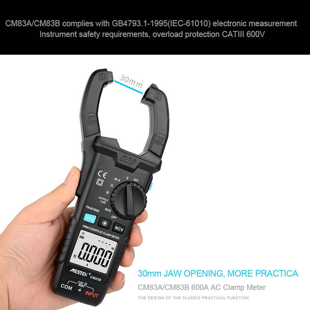 MESTEK Digital Clamp Meter 600A AC Current 600V AC/DC Voltage Capacitance Measurement Data Hold Backlight NCV Tester Multimeter