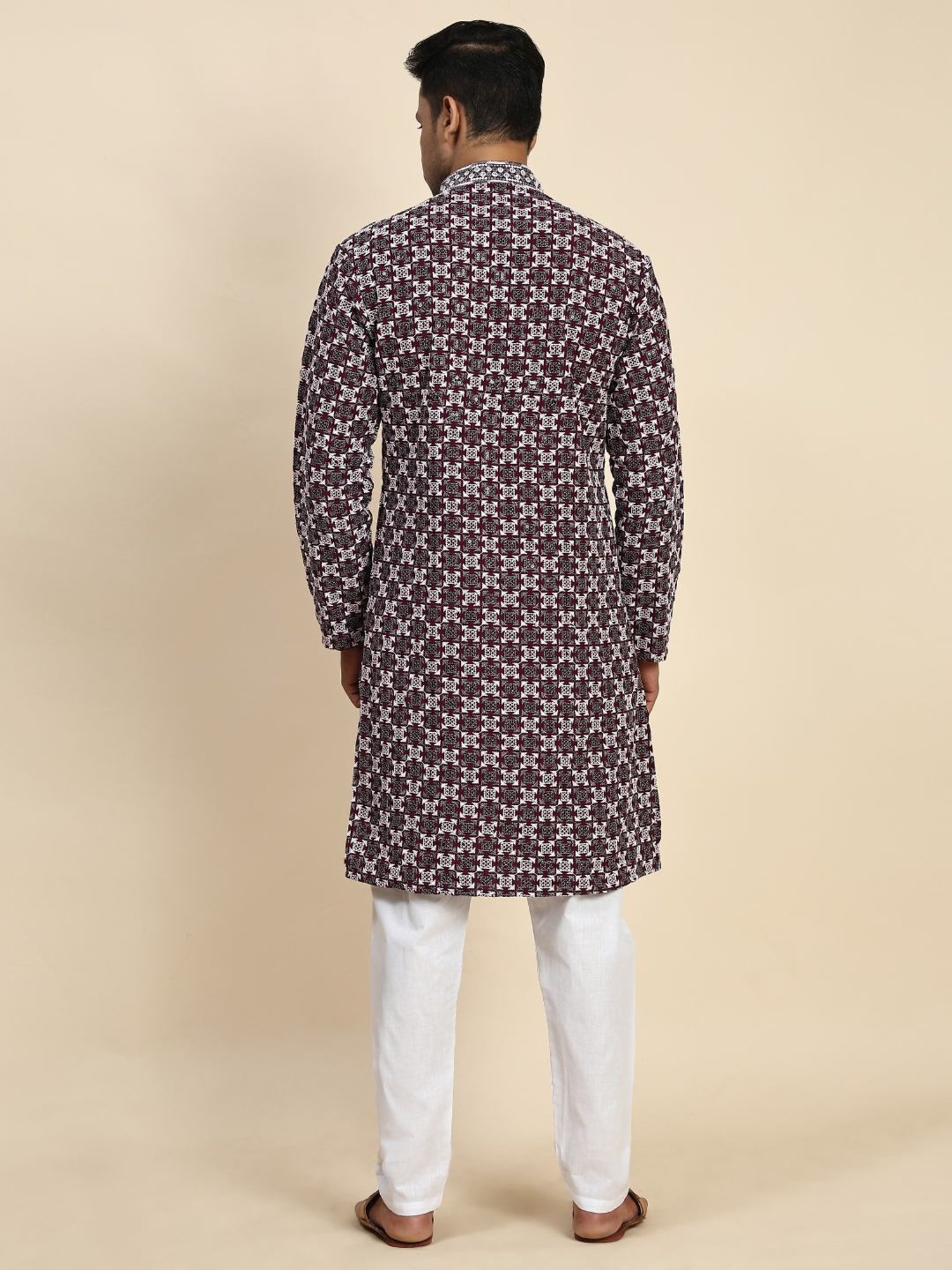 Pro-Ethic Style Developer Wine & White Cotton Regular Fit Embellished Kurta Bottom Set