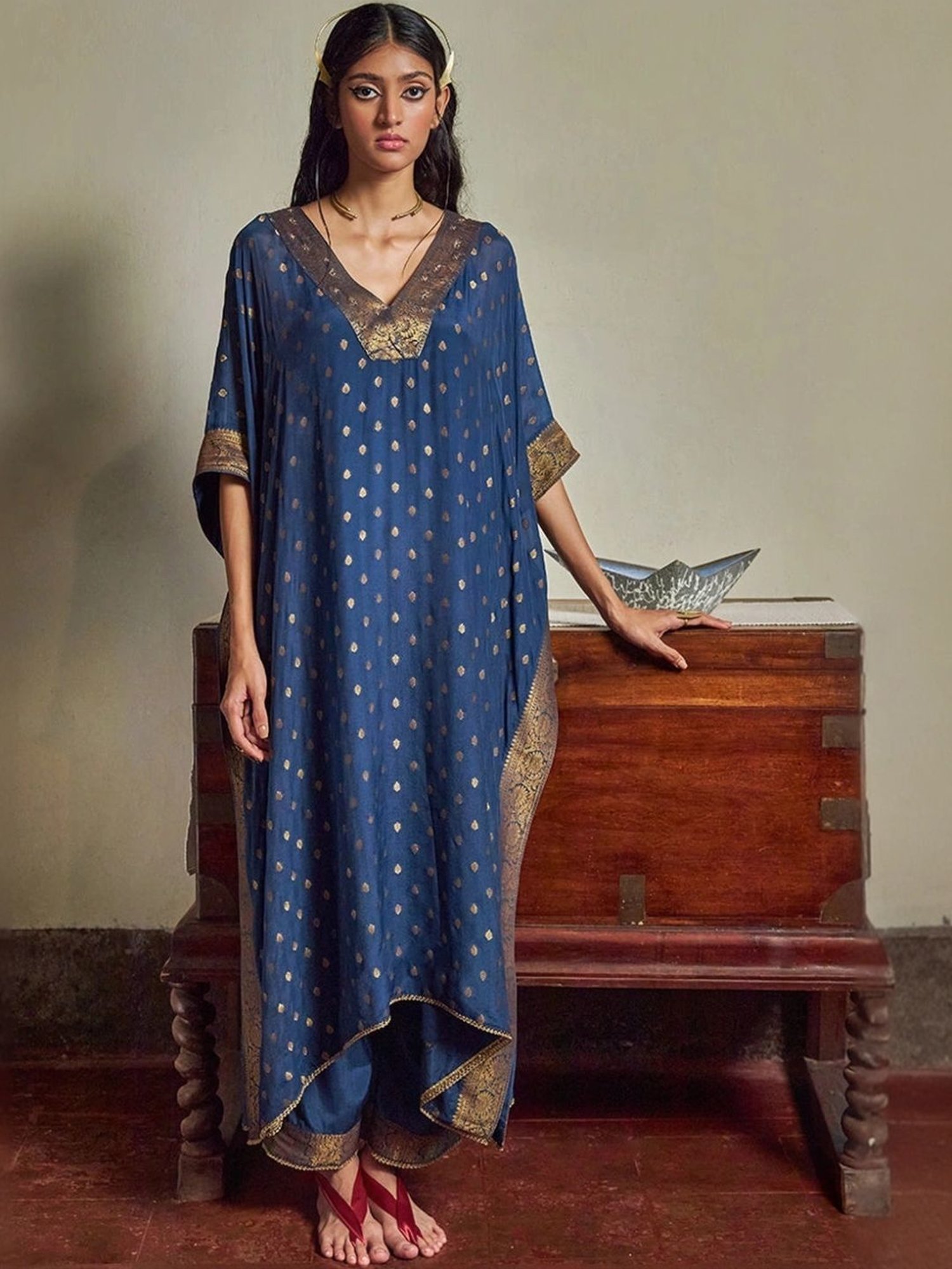 Ganga Fashions Blue Opal Woven Kaftan with Pant