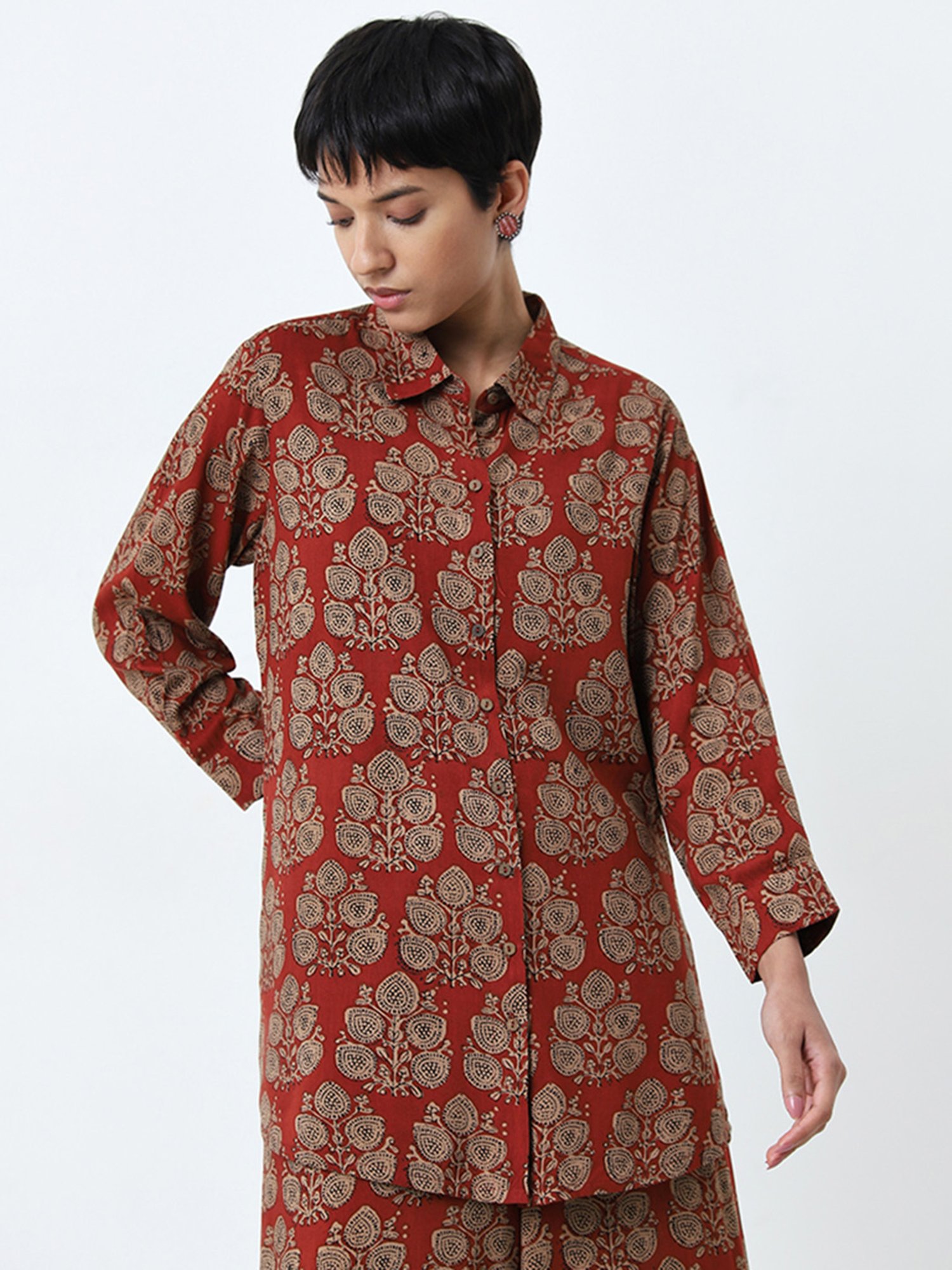Utsa by Westside Dusty Red Foliage Printed Ethnic Tunic