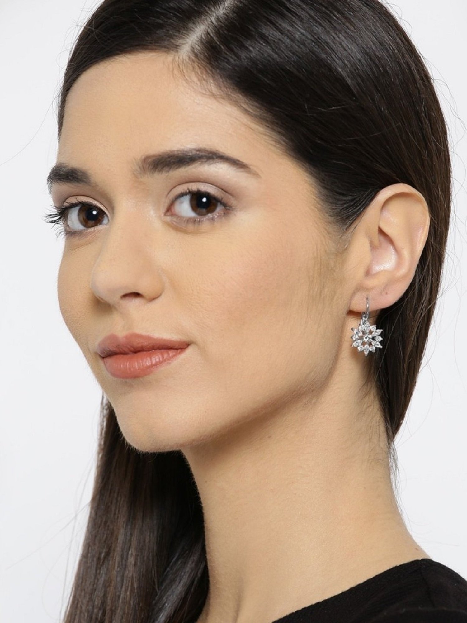 OOMPH Silver Tone Floral Cubic Zirconia Office-Wear Fashion Drop Earrings for Women