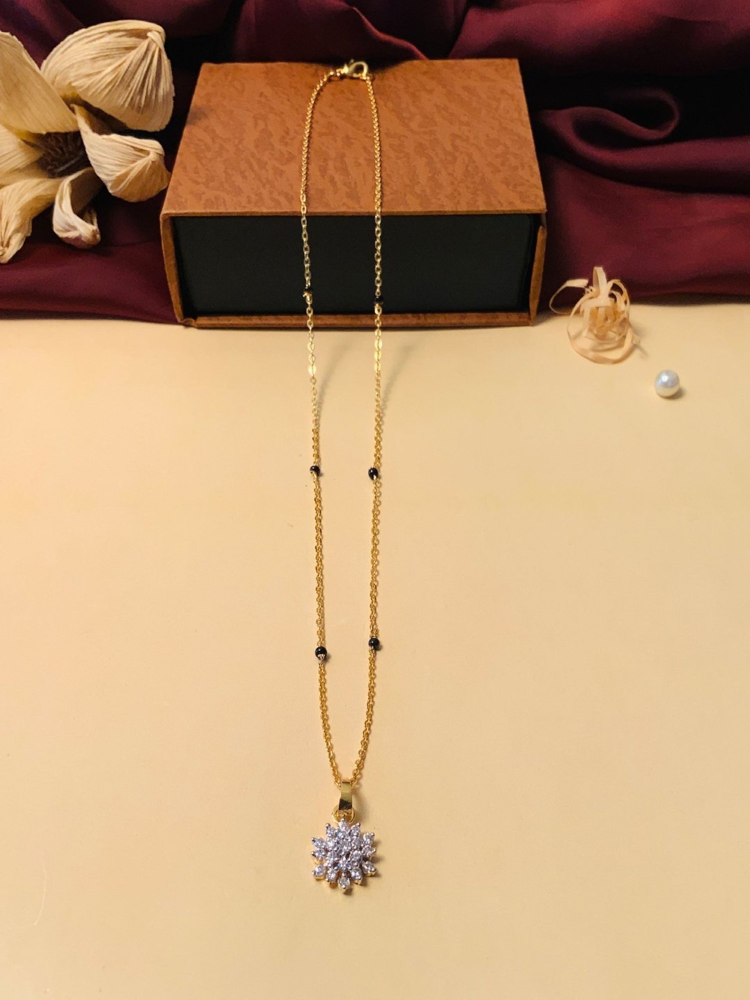 Abdesigns Gold-Plated American Diamond & Black Beaded Mangalsutra