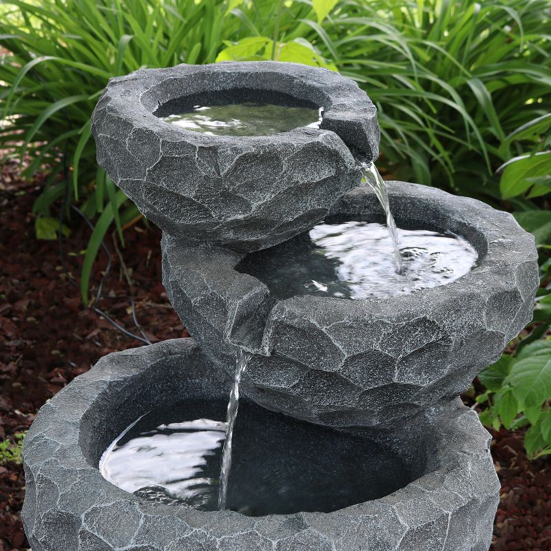 Sunnydaze Outdoor 3-Tier Chiseled Basin Solar Powered Water Fountain with Battery Backup and Submersible Pump - 22"