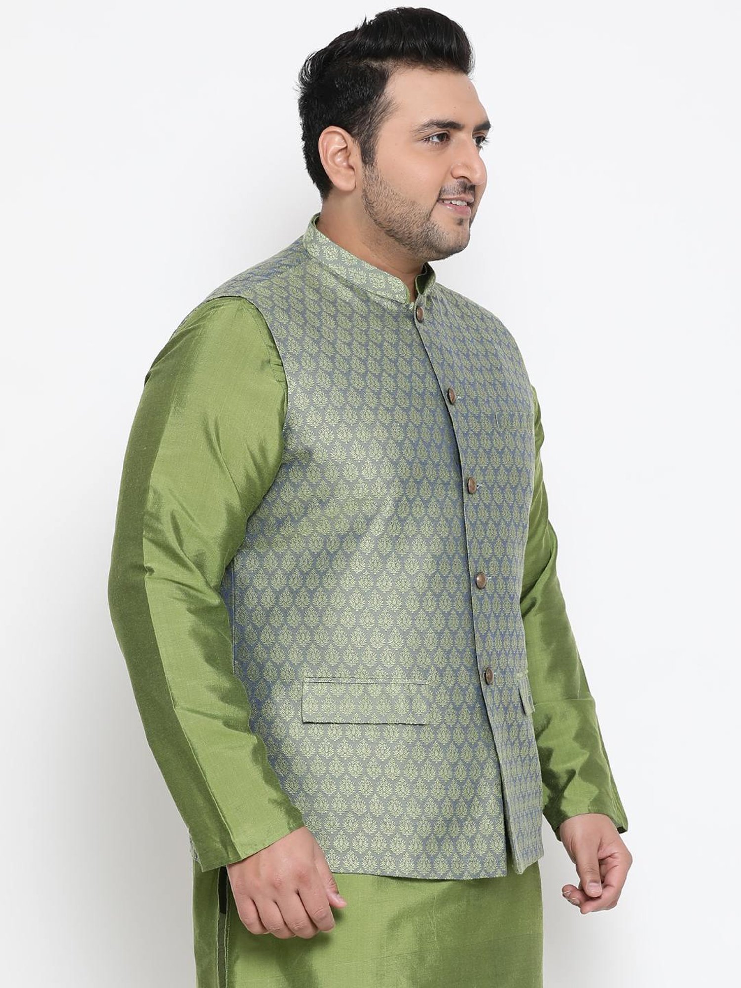 KISAH PLUS Green Regular Fit Jacquard Nehru Jacket