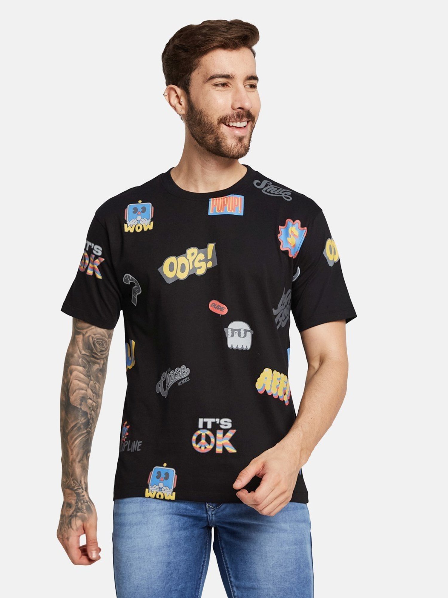 Octave Black Cotton Regular Fit Printed T-Shirt