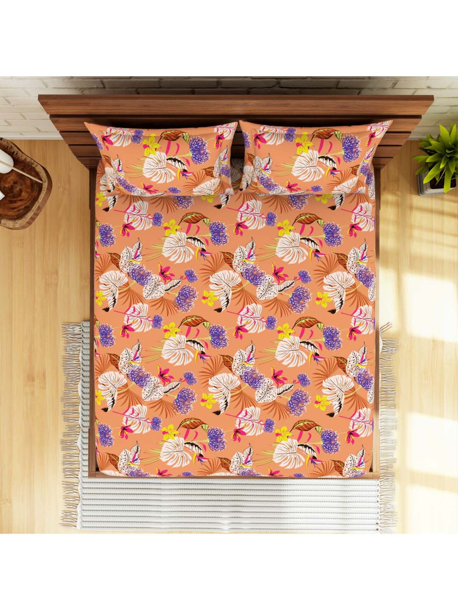 SWHF Orange & White Cotton 114 TC Double Bedsheet Sets