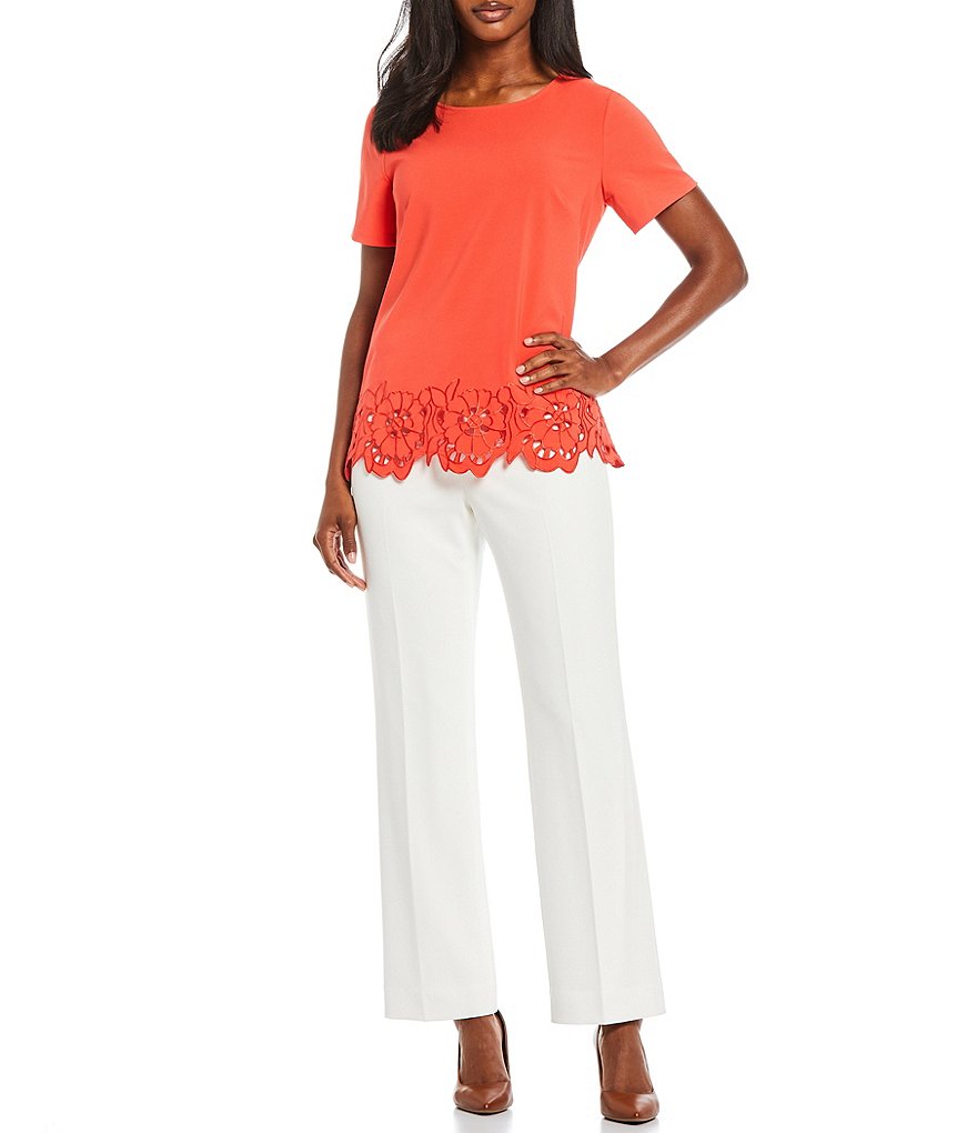 Preston & York Pat Laser Cut Floral Hem Crew Neck Short Sleeve Blouse