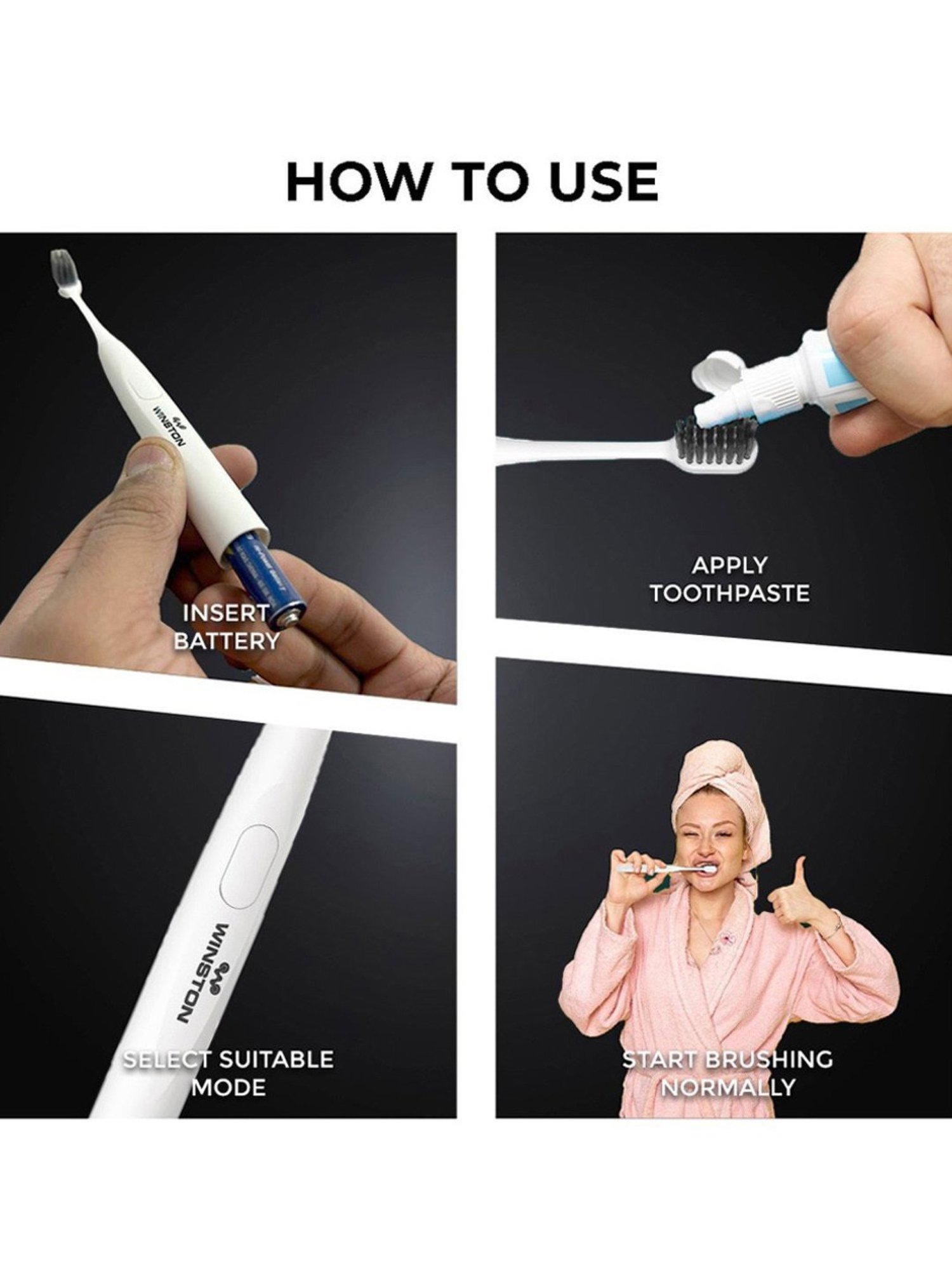 Winston Sonic Electric Toothbrush with Charcoal Bristles AAA Battery Operated (White)