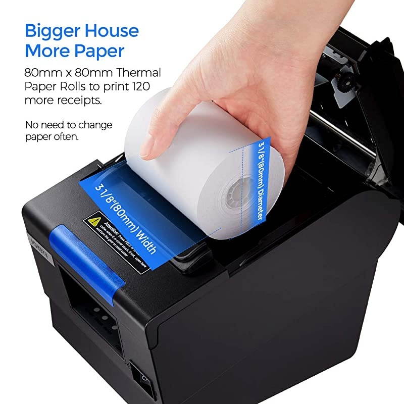 Receipt Printer P068, 3'1/8 80mm Direct Thermal Printer, POS Printer with Auto Cutter - Receipt Printer with USB Serial Ethernet Windows Driver ESC/POS Support Cash Drawer