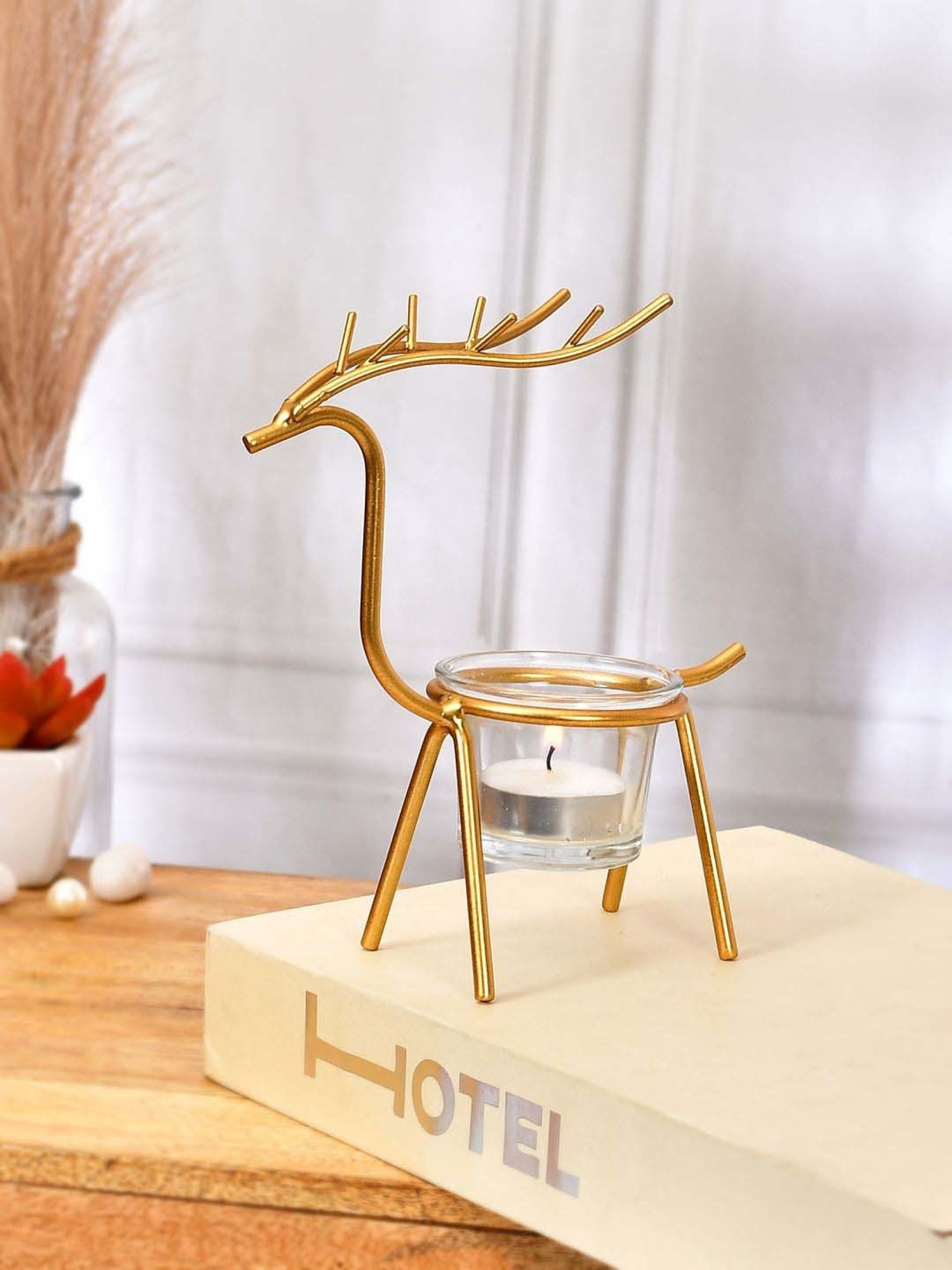 Tayhaa Golden & Transparent Metal Reindeer Tealight Candle Holder