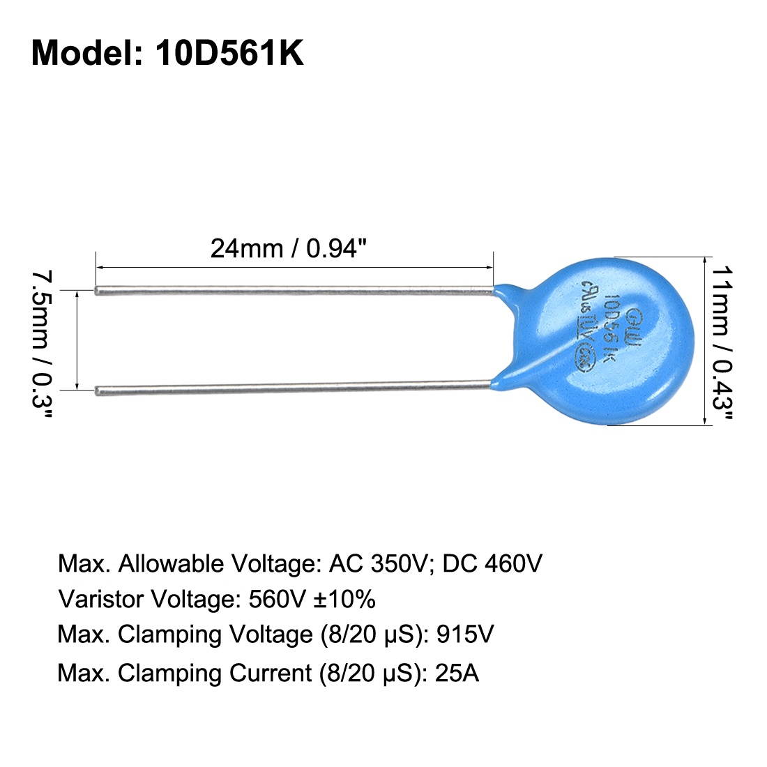 20Pcs Voltage Dependent Resistors AC 350V 10D561K Radial Lead Disc Varistors