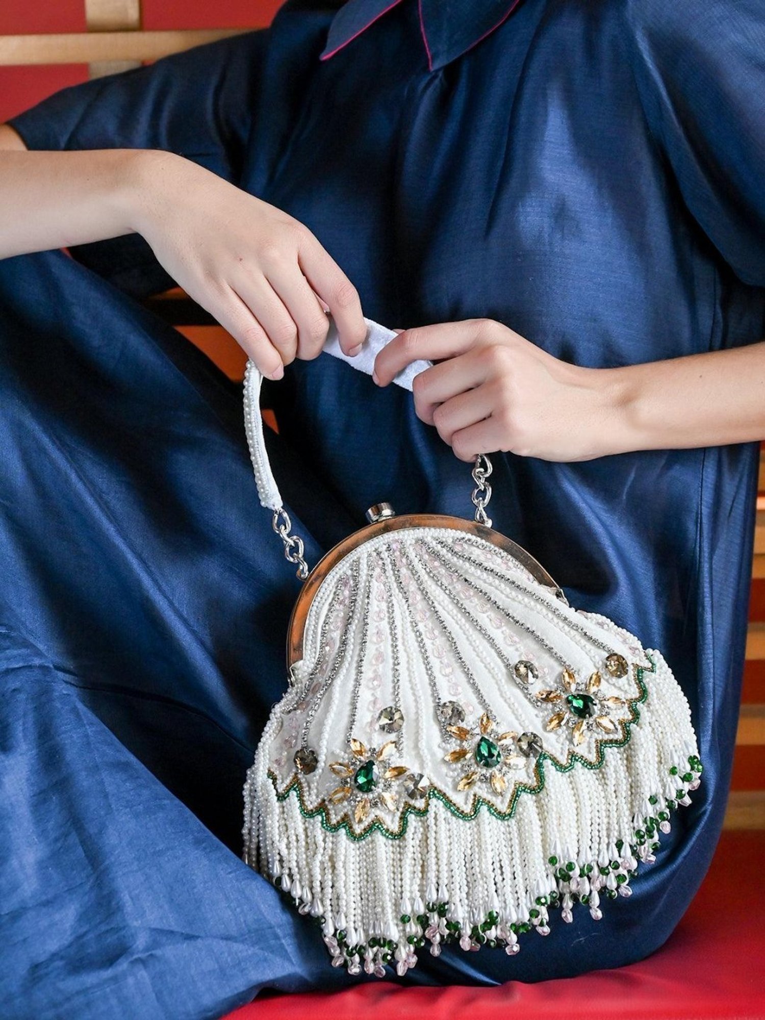 Odette White Embellished Handbag