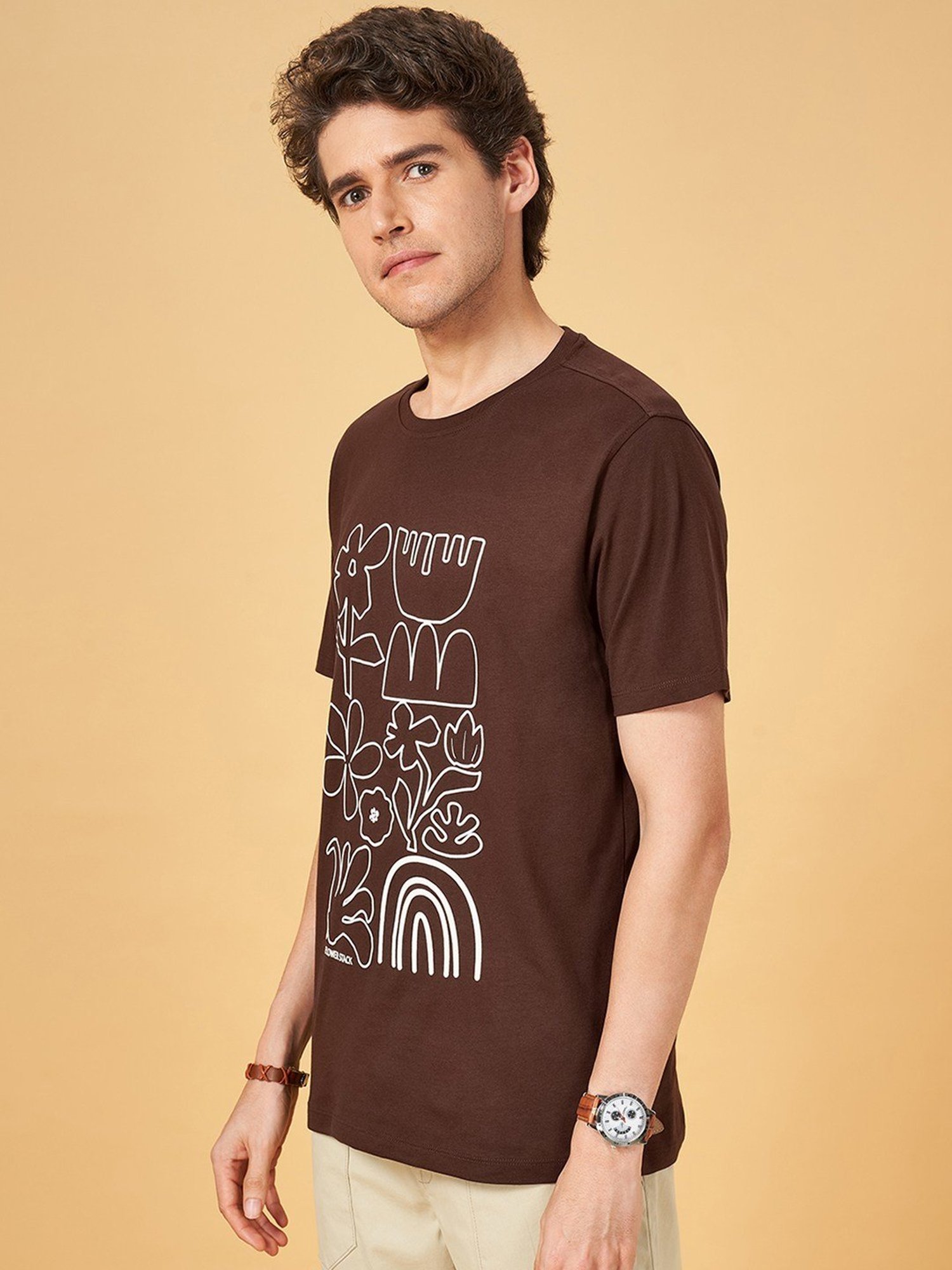 Urban Ranger by Pantaloons Dark Earth Cotton Slim Fit Printed T-Shirt