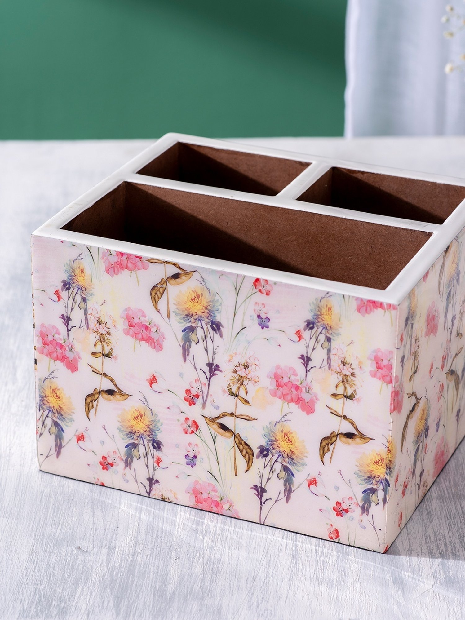 Nestroots Printed Pink Mango Wood 3 Section Cutlery Holder