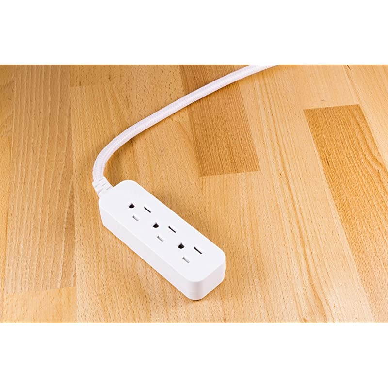 White, Designer 1 Ft. Power Strip, 3 Grounded Outlets, Flat Plug, Mini Cord, Premium, 45190, 6 Inch