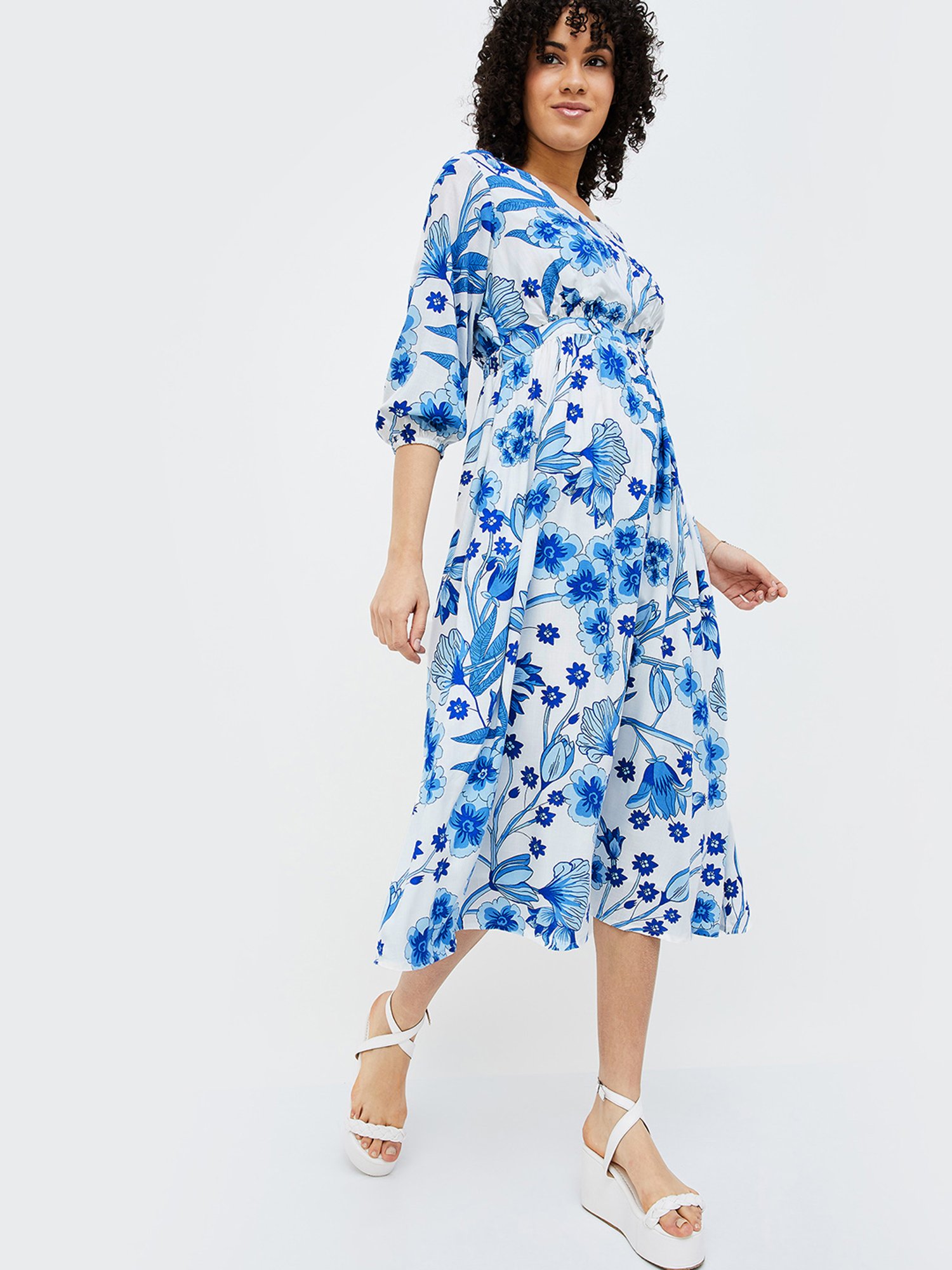 Colour Me by Melange White & Blue Floral Print Midi Dress
