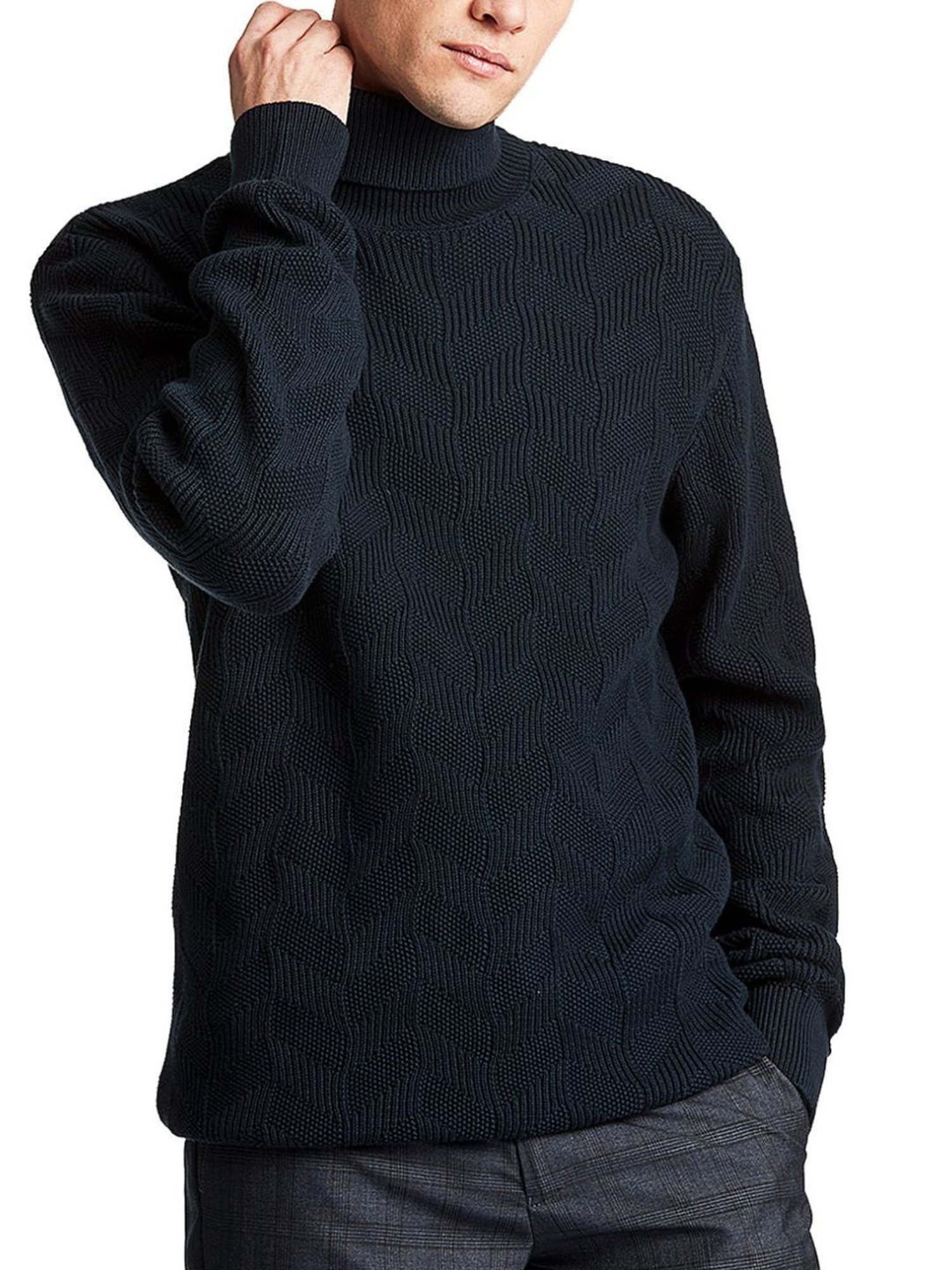 Lindbergh Navy Blue Cotton Regular Fit Self Pattern Sweaters