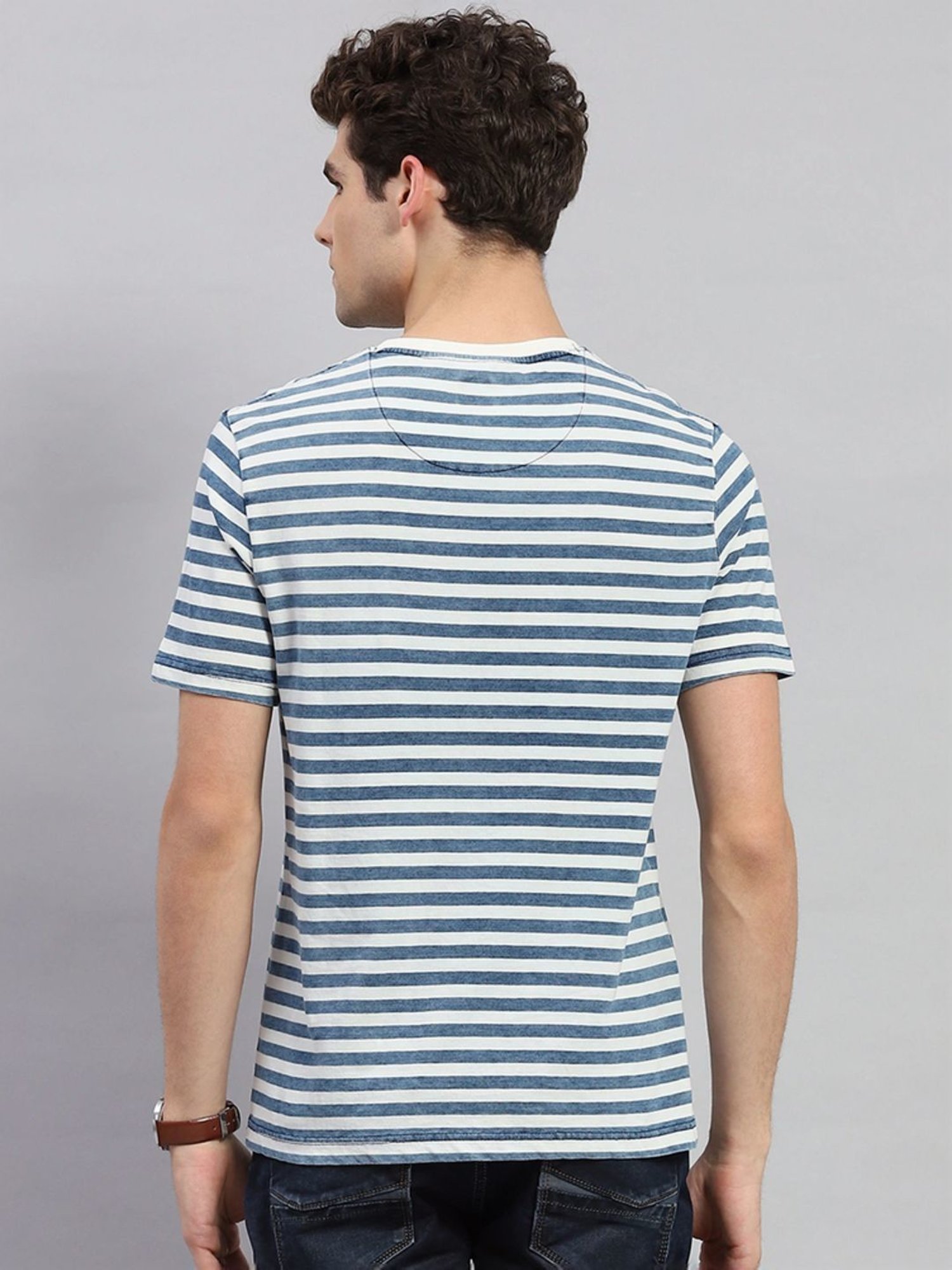 Monte Carlo Light Blue Regular Fit Striped T-Shirt