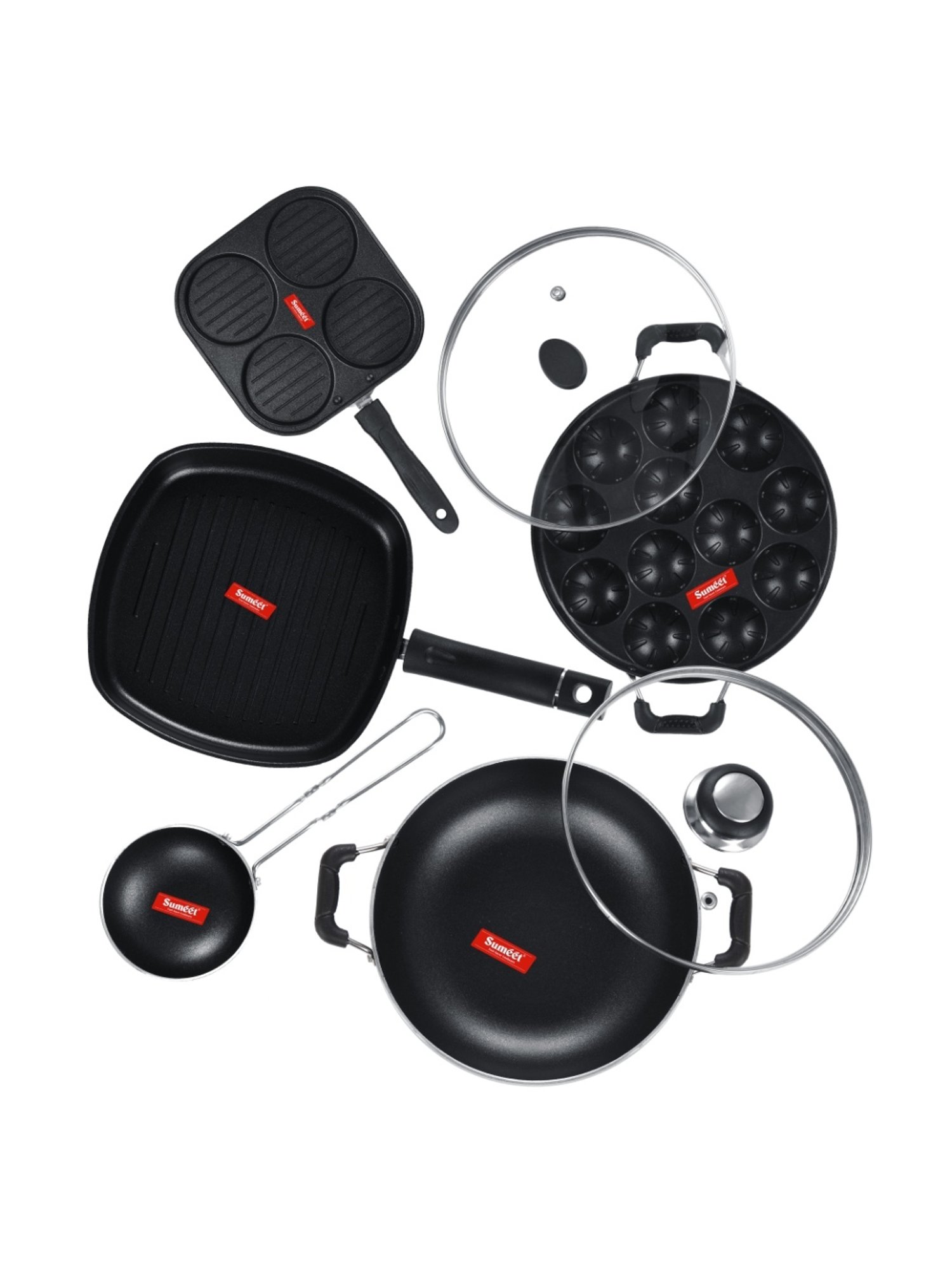 Sumeet NonStick Cookware Set-Snack Maker+Appam Patra & GlassLid+Kadhai & Glass Lid+Grill & Tadka pan
