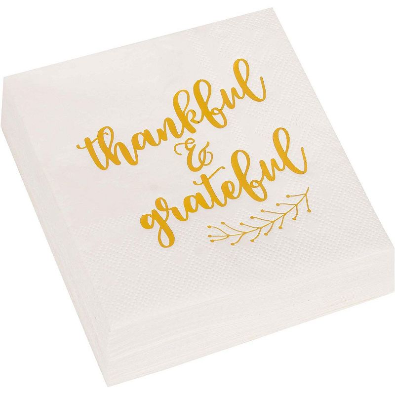 Blue Panda 50-Pack Thankful & Grateful in Gold Foil Thanksgiving Paper Cocktail Napkins Fall Party Supplies
