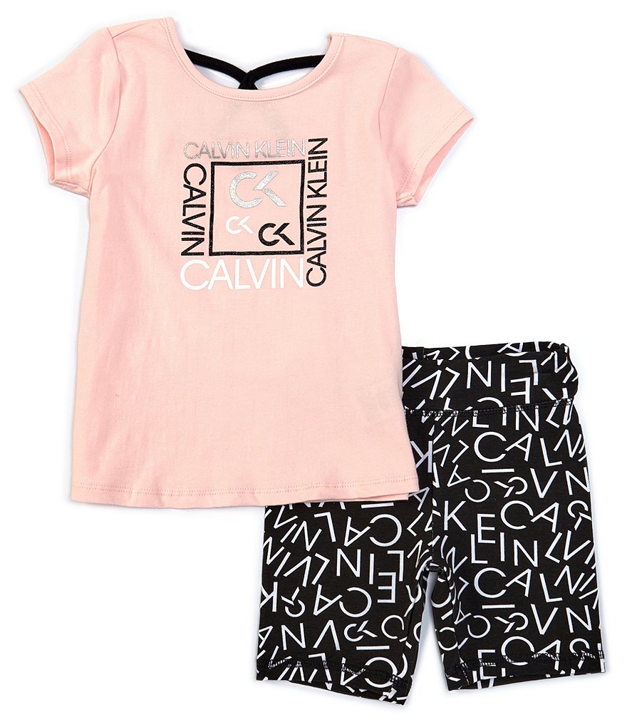 Calvin Klein Calvin Klein Active Little Girls 4-6X Short-Sleeve Boxed Logo Tee & Scrambled Bike Shorts Set