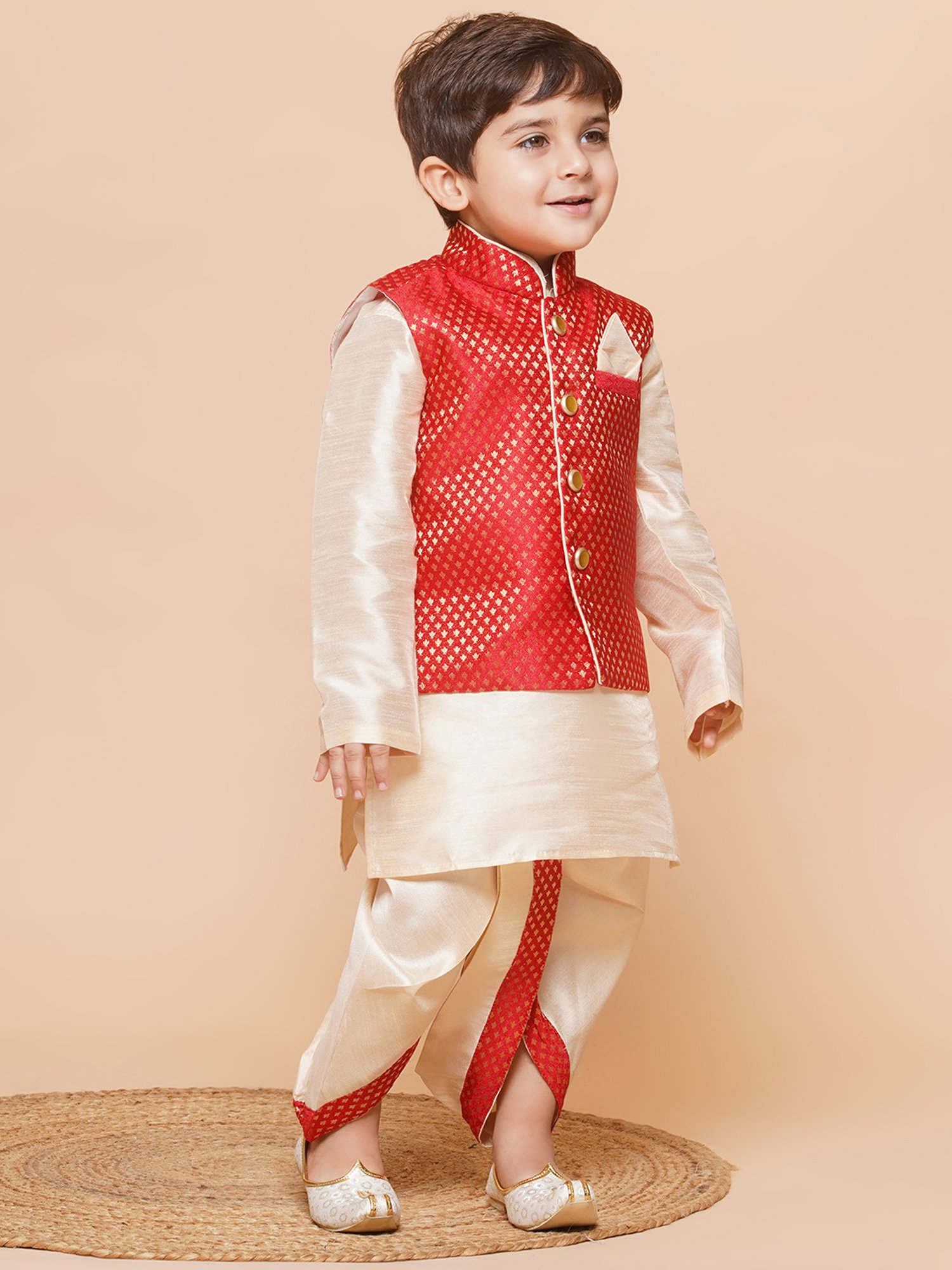 AJ Dezines Kids Beige & Red Self Design Full Sleeves Kurta, Dhoti with Waistcoat