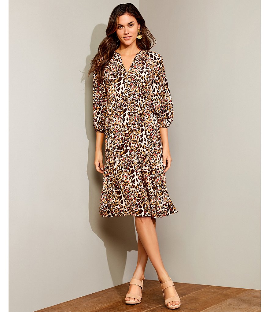 Gibson & Latimer Animal Print Mandarin Collar V-Neck Tier Peasant Dress