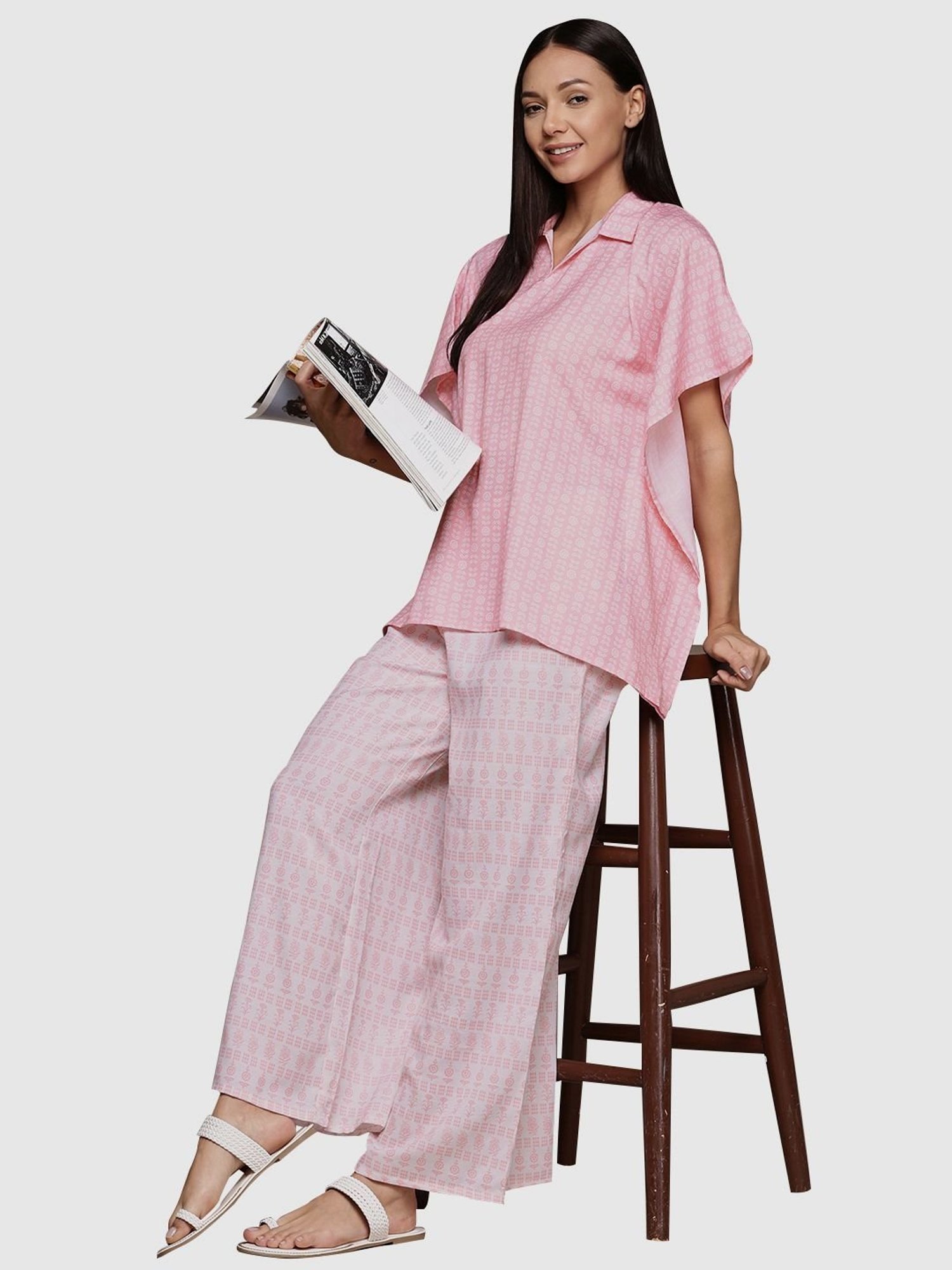 Ziyaa Pink Floral Print Kaftan Pyjama Set