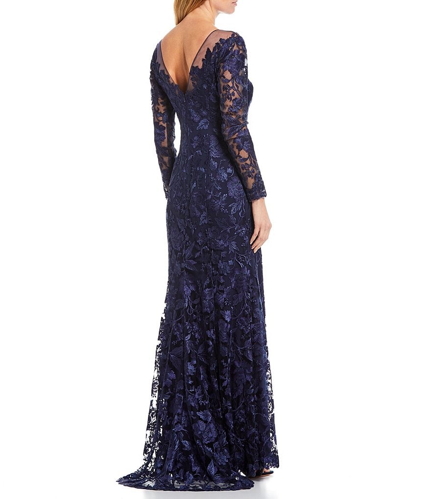 Tadashi Shoji Long Sleeve Illusion Neck Floral Embroidered V-Back Lace Gown
