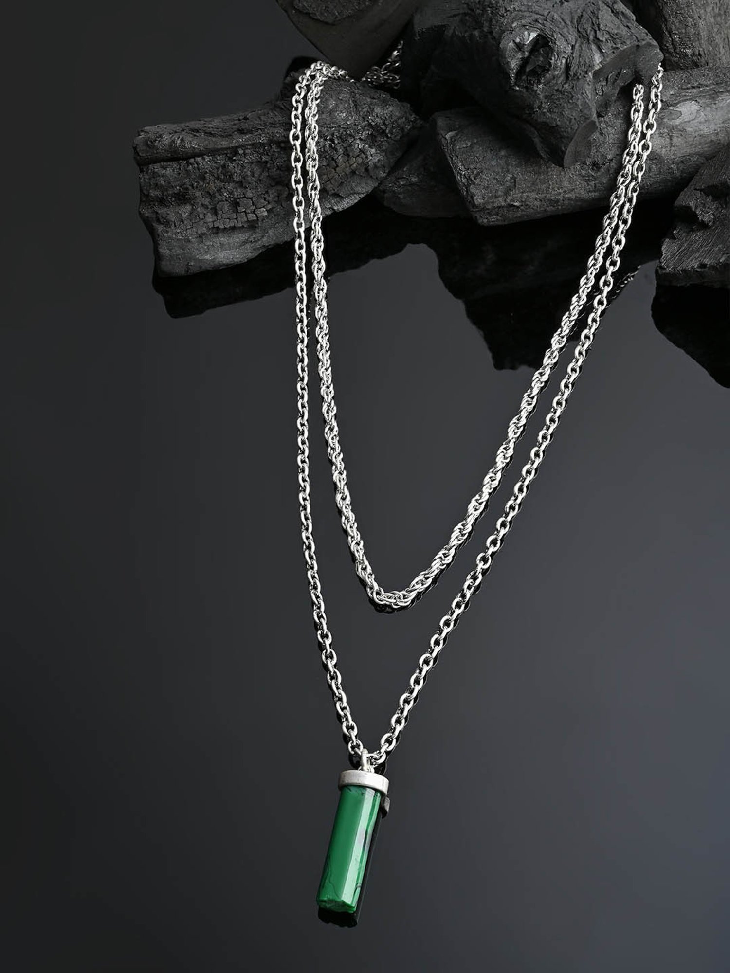 The Bro Code Silver & Dark Green Layered Charm Neckalce Chain for Men